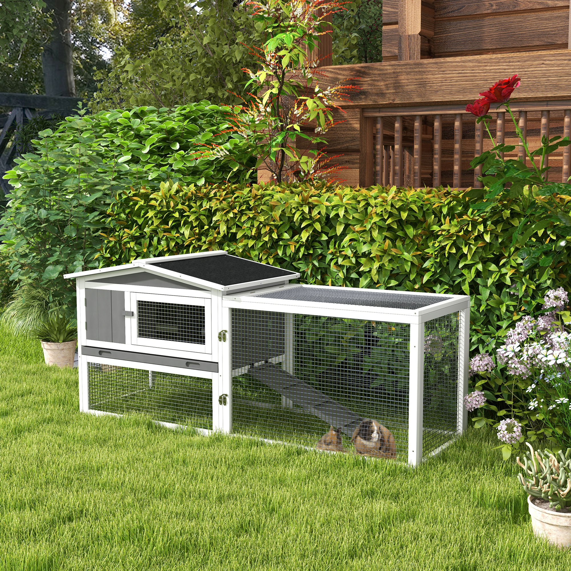 PawHut Rabbit Hutch 2-Story Bunny Cage Small Animal House with