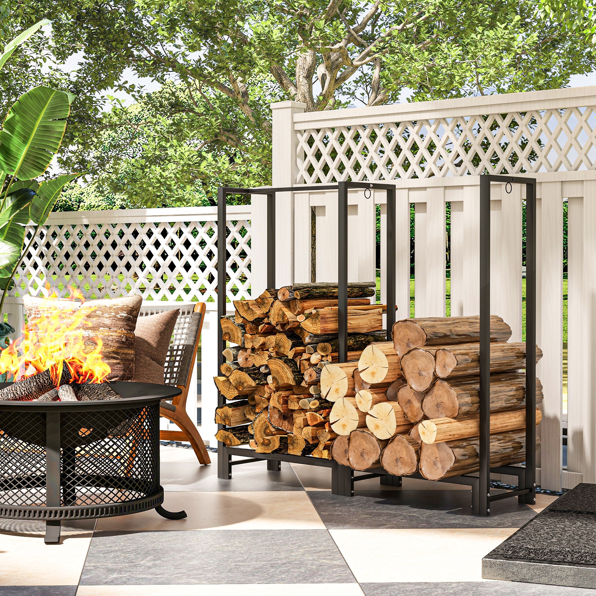 Outsunny 4ft Firewood Rack with Dual Space and Lock Rings, Steel Log ...