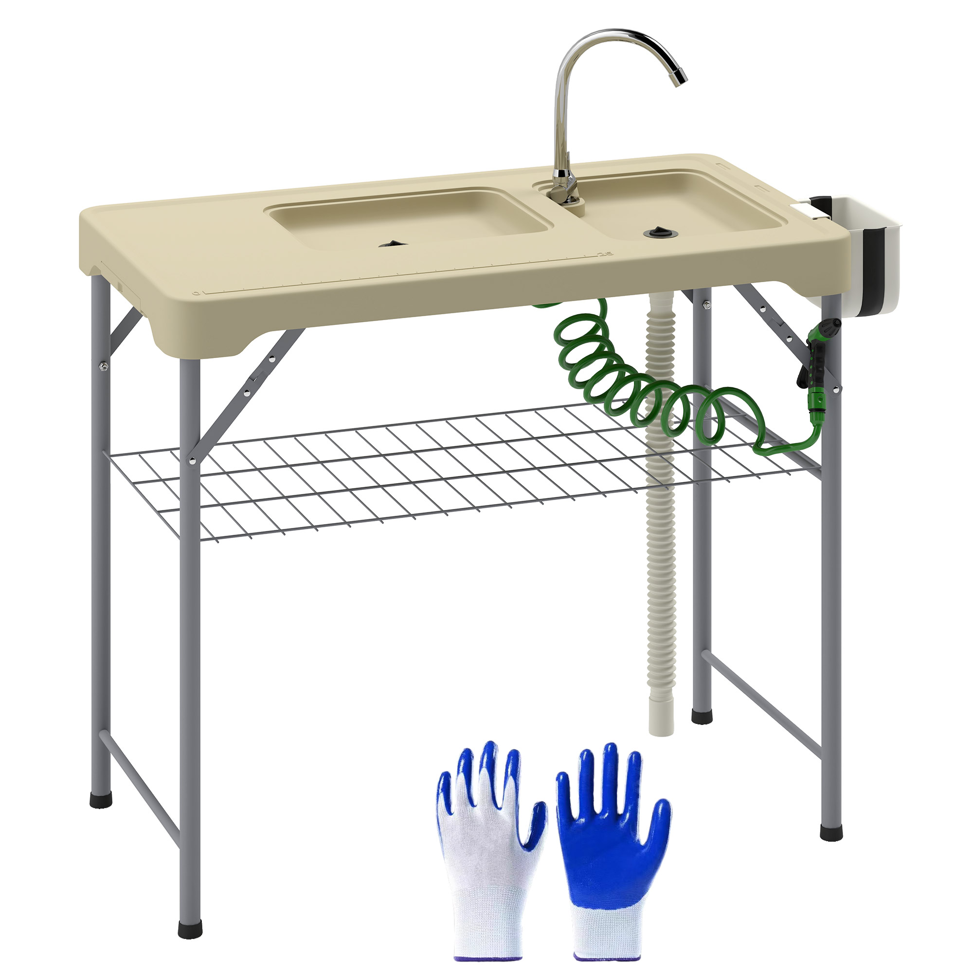 Outsunny Folding Fish Cleaning Table with Sinks, Portable Camping Sink Table with Faucet, Drainage Hose, Sprayer, Shelf, Drawer and Storage Basket, Ou