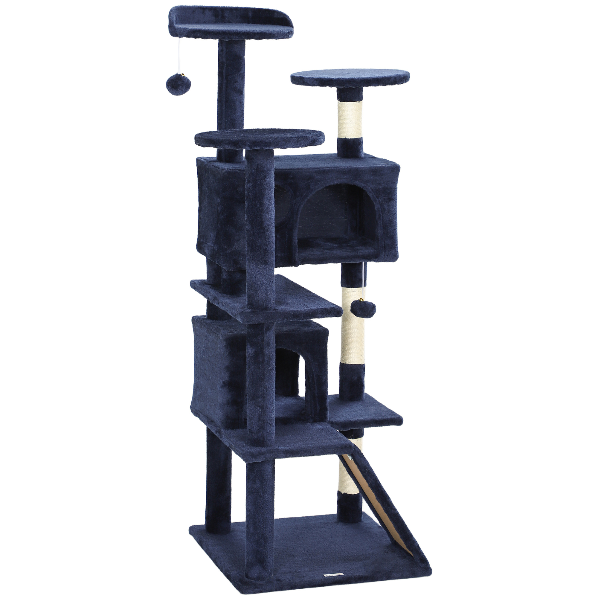 Multi-Level Feline Tower with Scratching Posts, 54" Feline Tree, Feline Condos, Sleep, Platforms, Ramp, Plaything Ball, Dark Blue 1