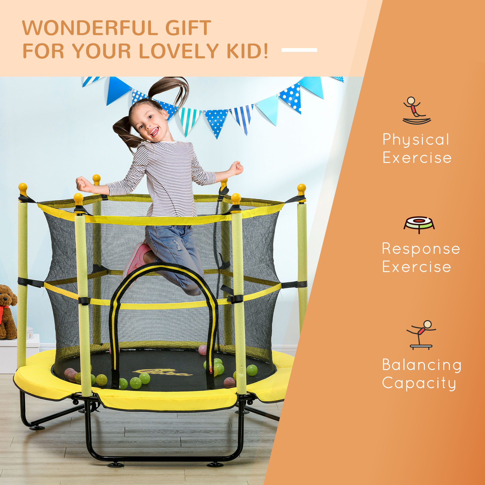Qaba Kids 4.6 Ft Trampoline with Safety Enclosure & Ball Pit, Yellow, Indoor Play Equipment | Aosom.com 5