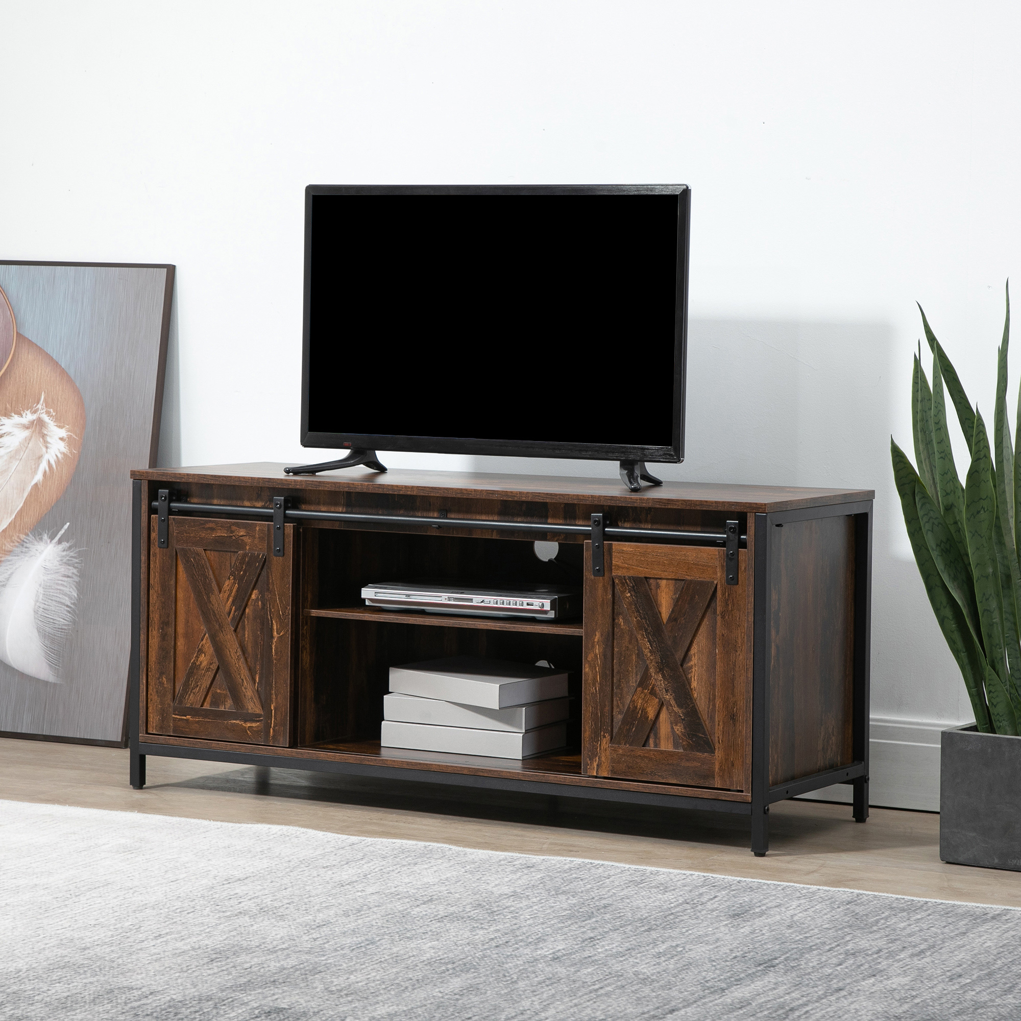 HOMCOM Industrial TV Stand: 60" TV Console, Sliding Barn Doors, Storage, Freestanding Entertainment Unit, Brown Aosom Canada
