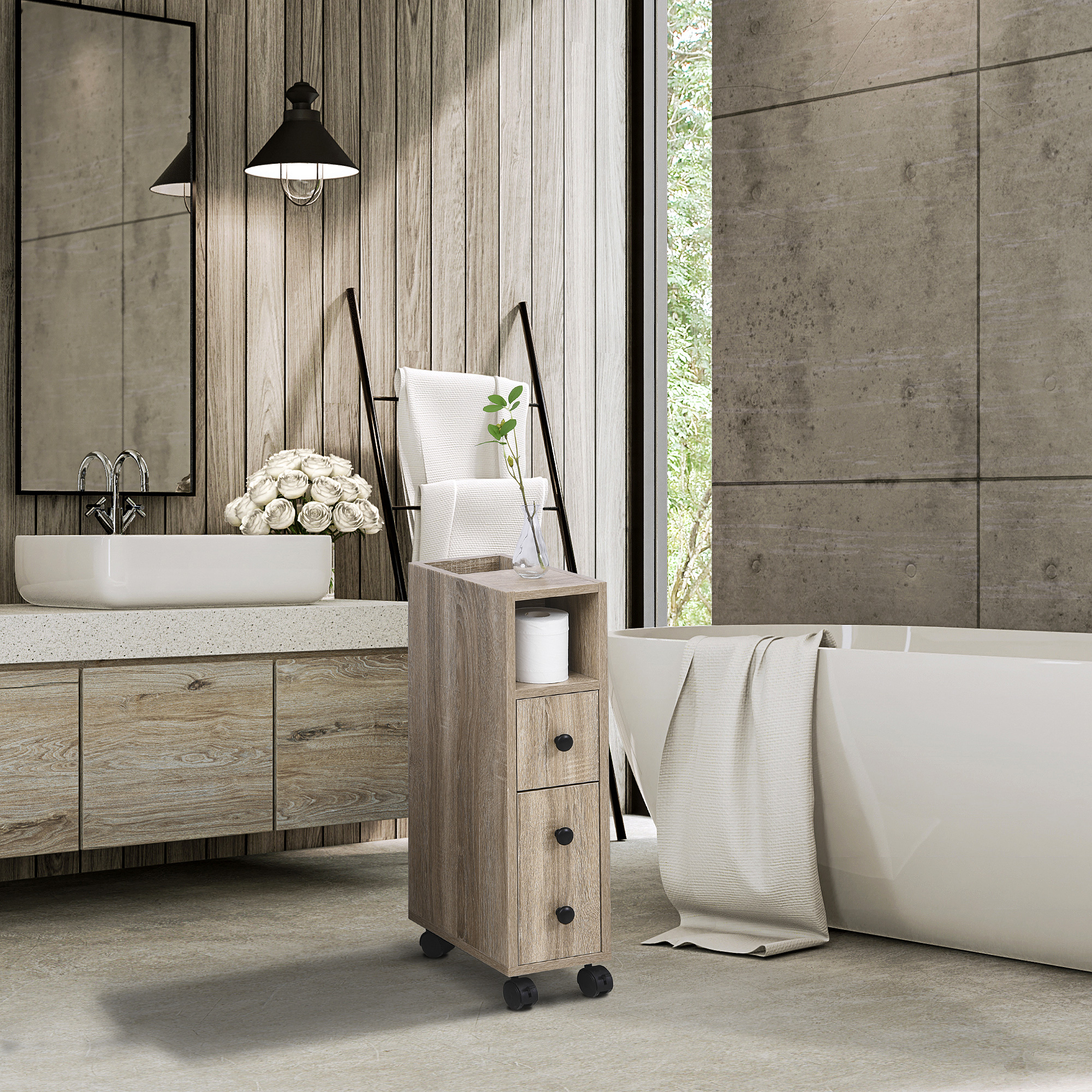 kleankin Freestanding Compact Design Bathroom Cabinet with 2 Open Cabinets  1 Door Cabinet  1 Drawer and 4 Rolling Wheels  Oak Grain Color 0