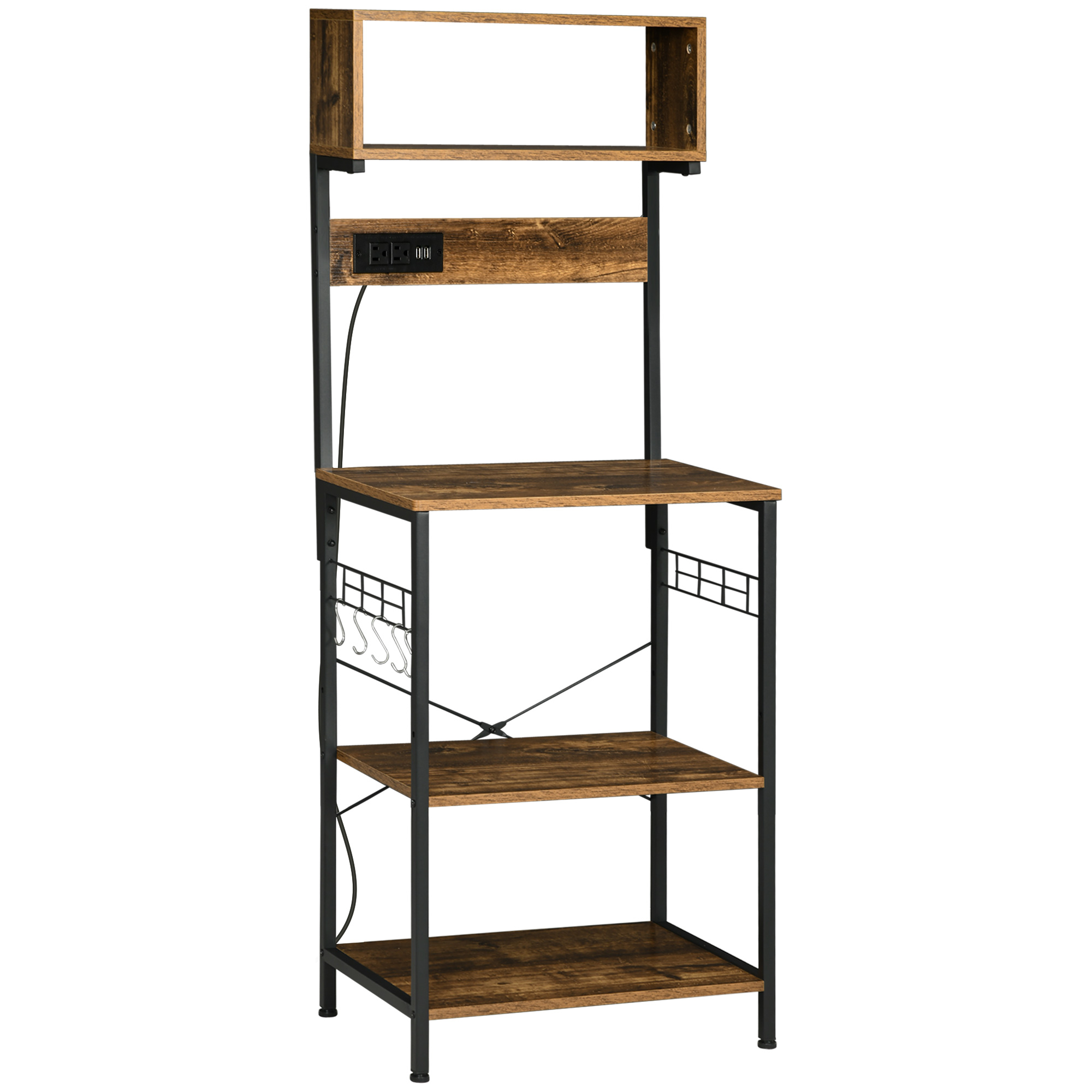 HOMCOM Kitchen Bakers Rack with Power Outlet, USB Charger, Microwave Stand, Coffee Bar with Adjustable Shelves, 5 Hooks for Spices, Pots and Pans, Rus