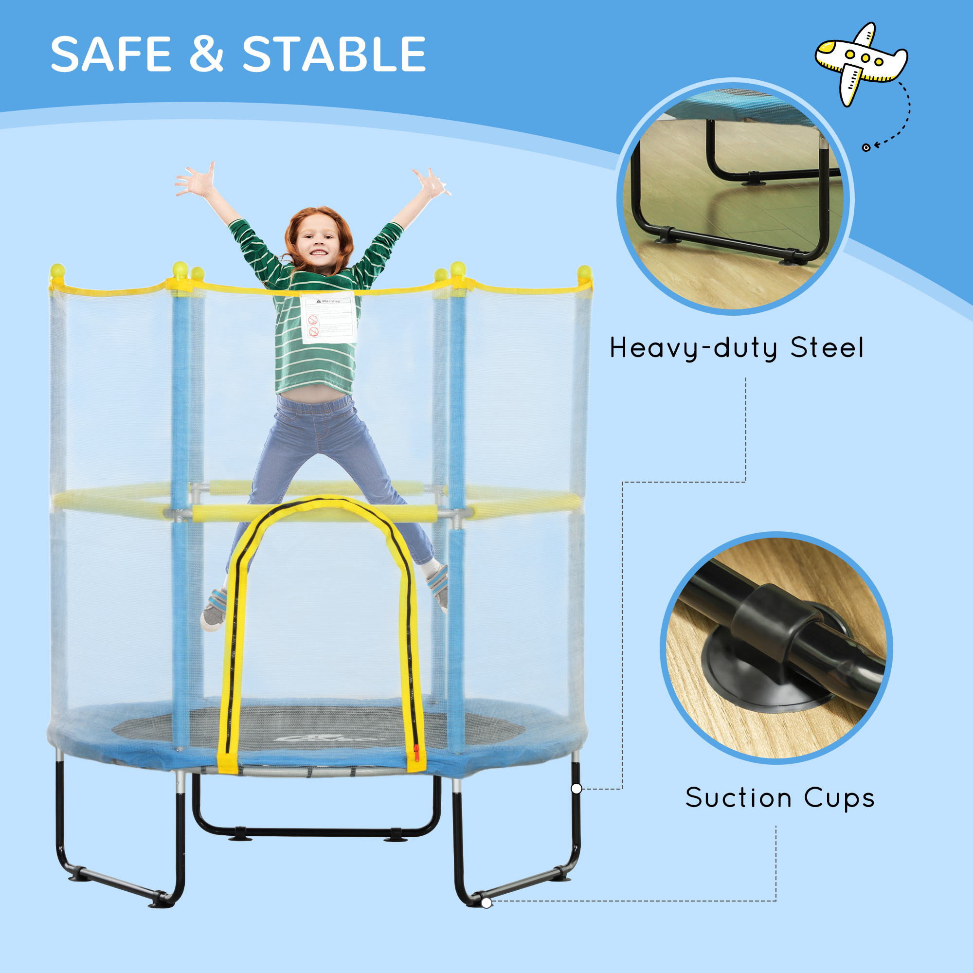Qaba 4.6FT Trampoline for Kids with Safety Enclosure Net, for 3-6 Years Old, Gifts for Boys & Girls, Light Blue 2