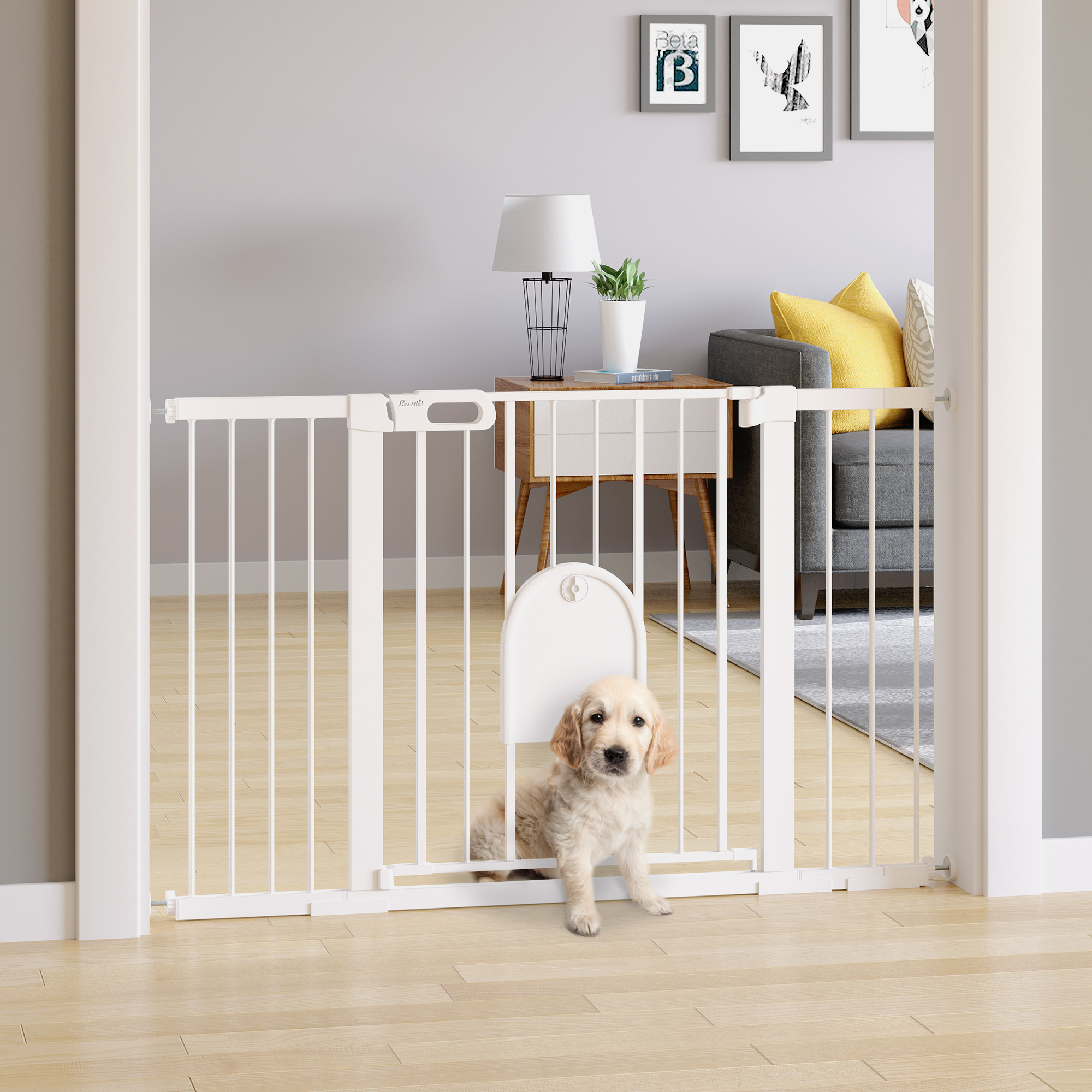 PawHut 30-52 Inch Extra Wide Pet Gate Barrier with Small Door White for Homes with Dogs Cats Aosom Canada