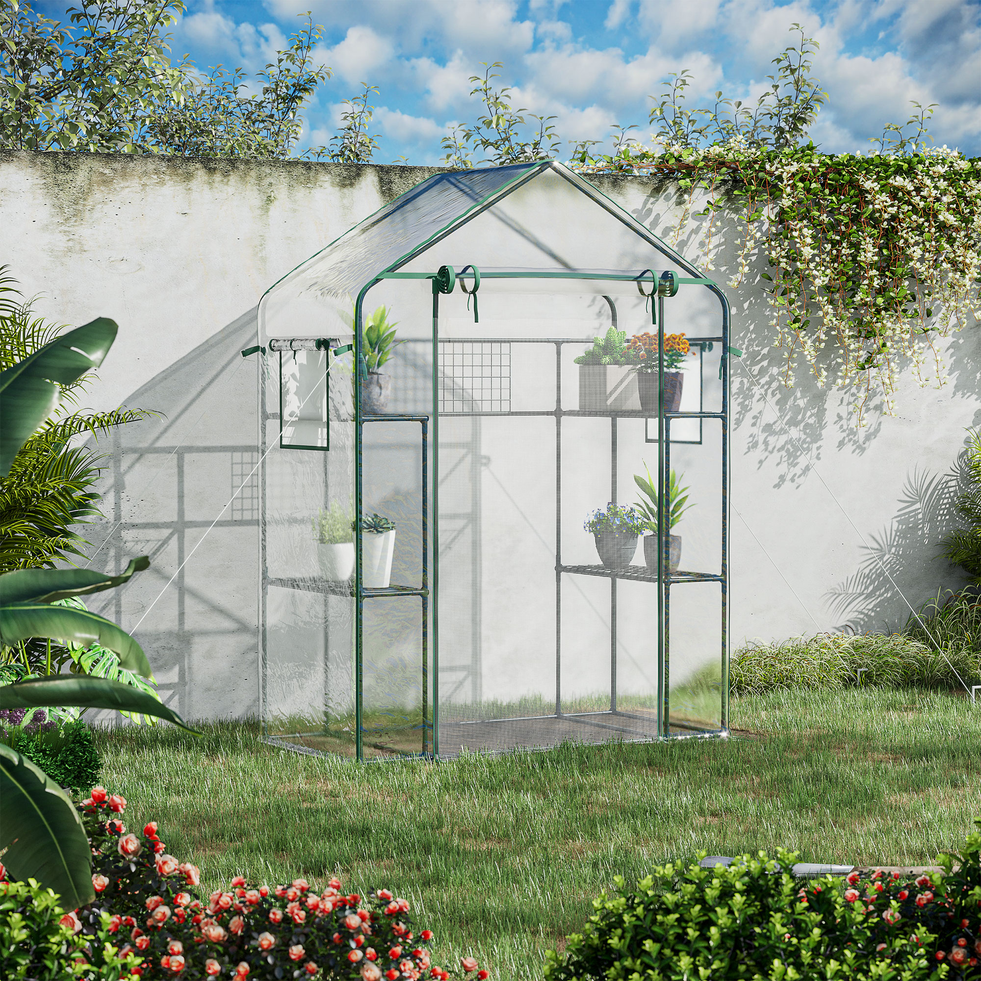 Outsunny 8' X 6' X 7' Walk-in Greenhouse - 18 Shelf Plant Greenhouse With Mesh Door, Windows & Trellis, UV Protective Cover For Vegetables & Flowers