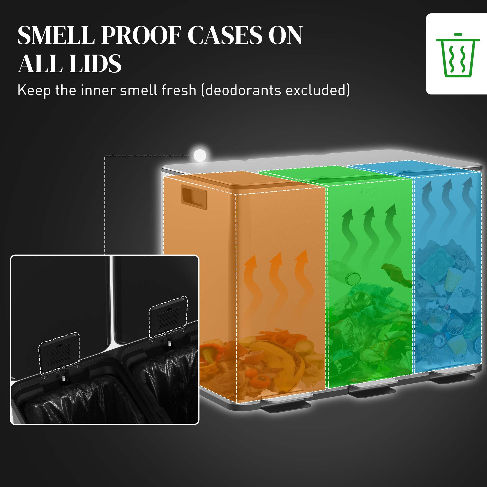 HOMCOM Triple Garbage Bin, Soft-Close Trash Can with Foot