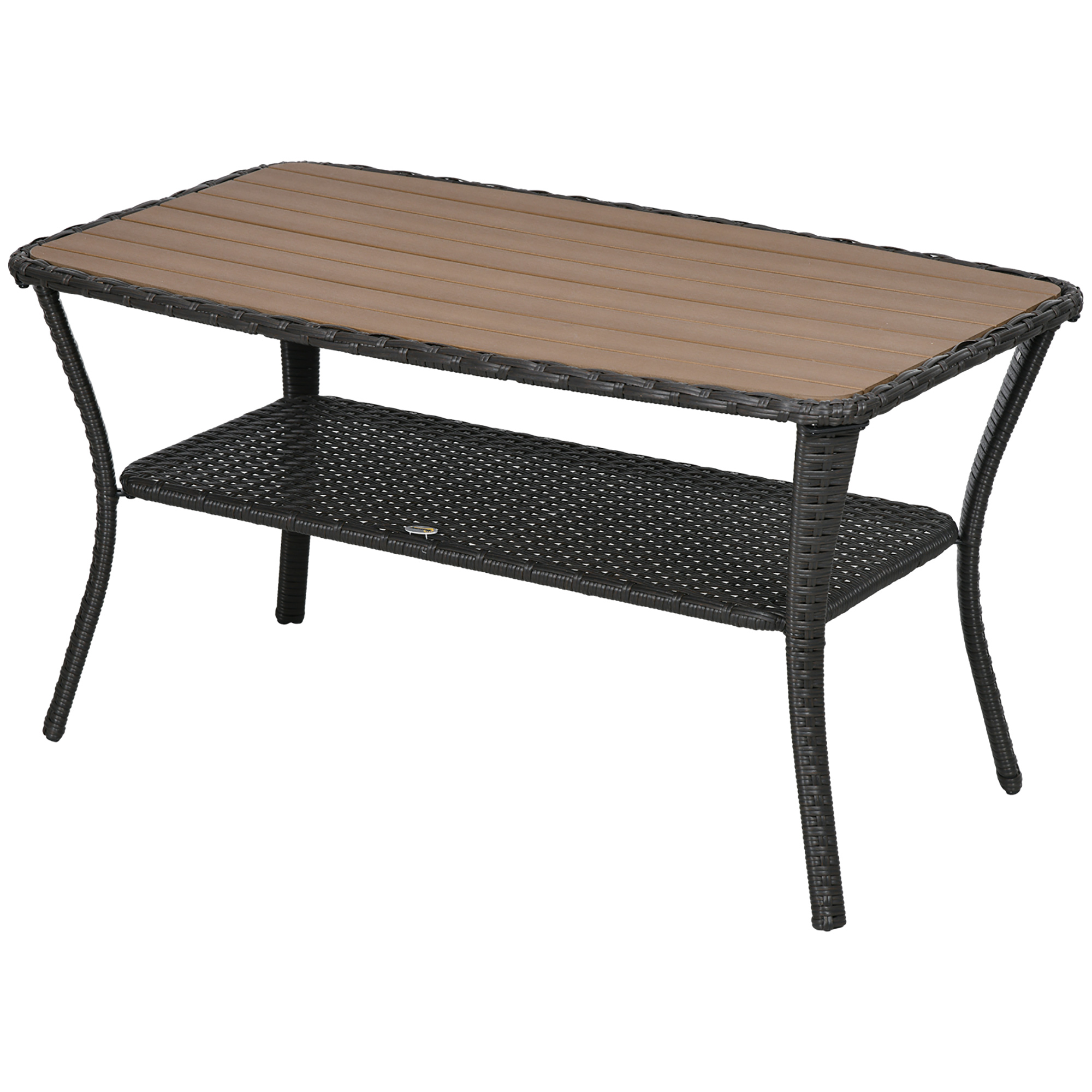 Outsunny Outdoor Patio PE Rattan Coffee Table with Storage Shelf, Wicker Side Table with Wood-Plastic Composite Top, Mixed Brown