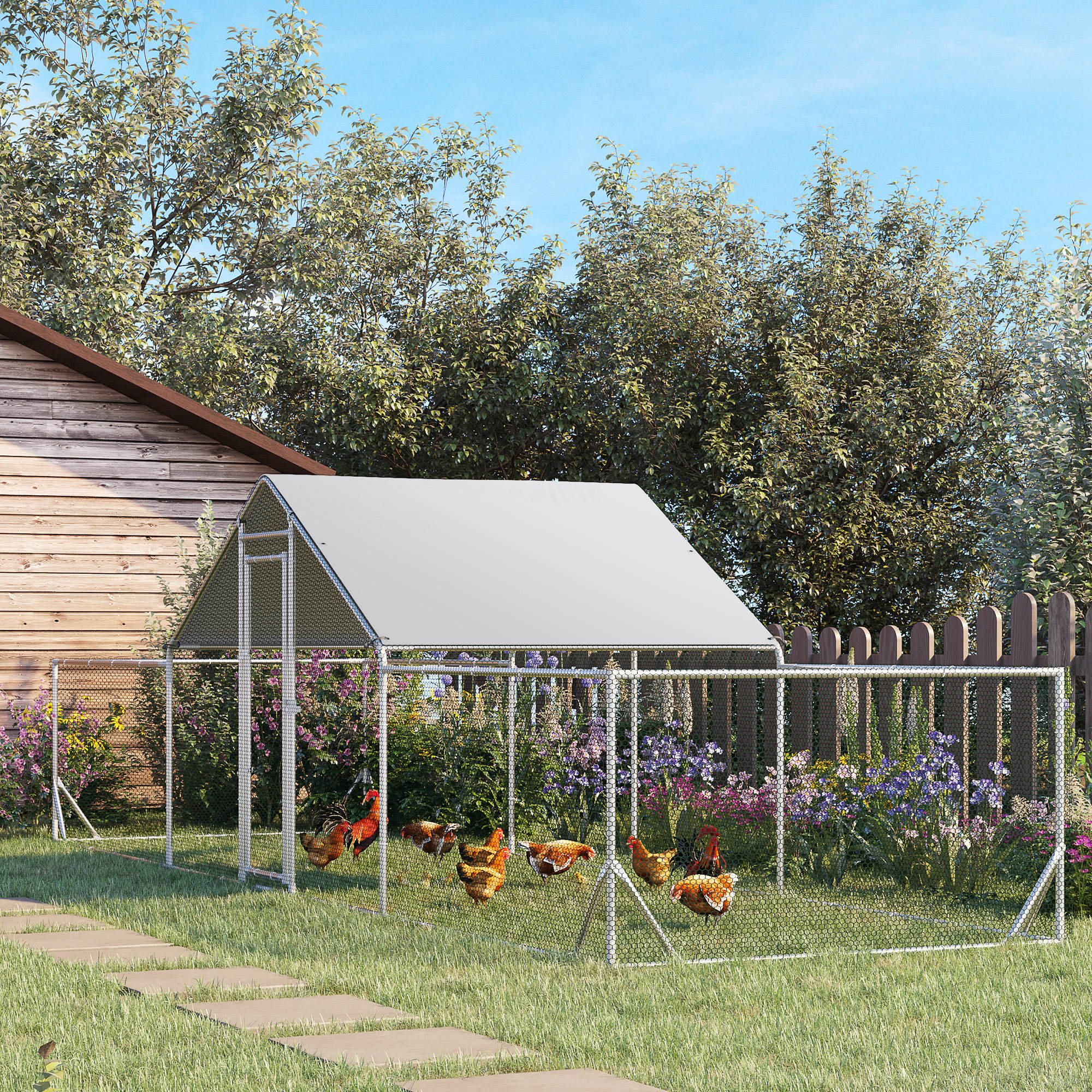PawHut 23'x6.6' Large Outdoor Metal Chicken Run Coop for 12-14 Chickens with Cover Backyard Farm Aosom Canada