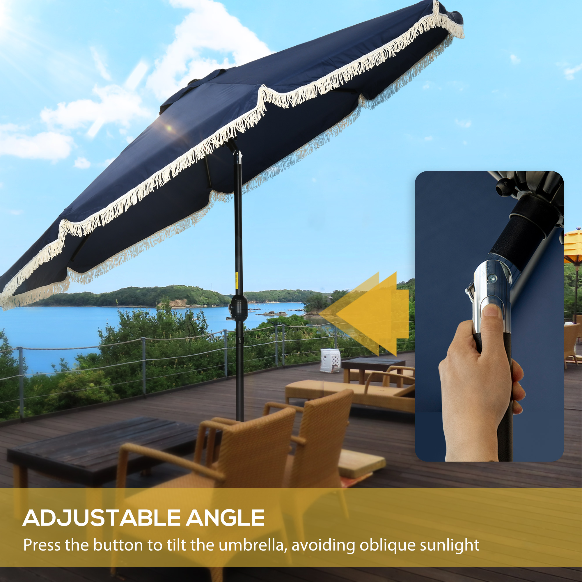 adjustable angle patio umbrella Outsunny Garden Umbrella: 9ft, Blue Stripe with Tilt Crank and Ruffled Design for Deck and Pool Shade With its 4 TheLAShop 7.5' 6-Rib Tilt Patio