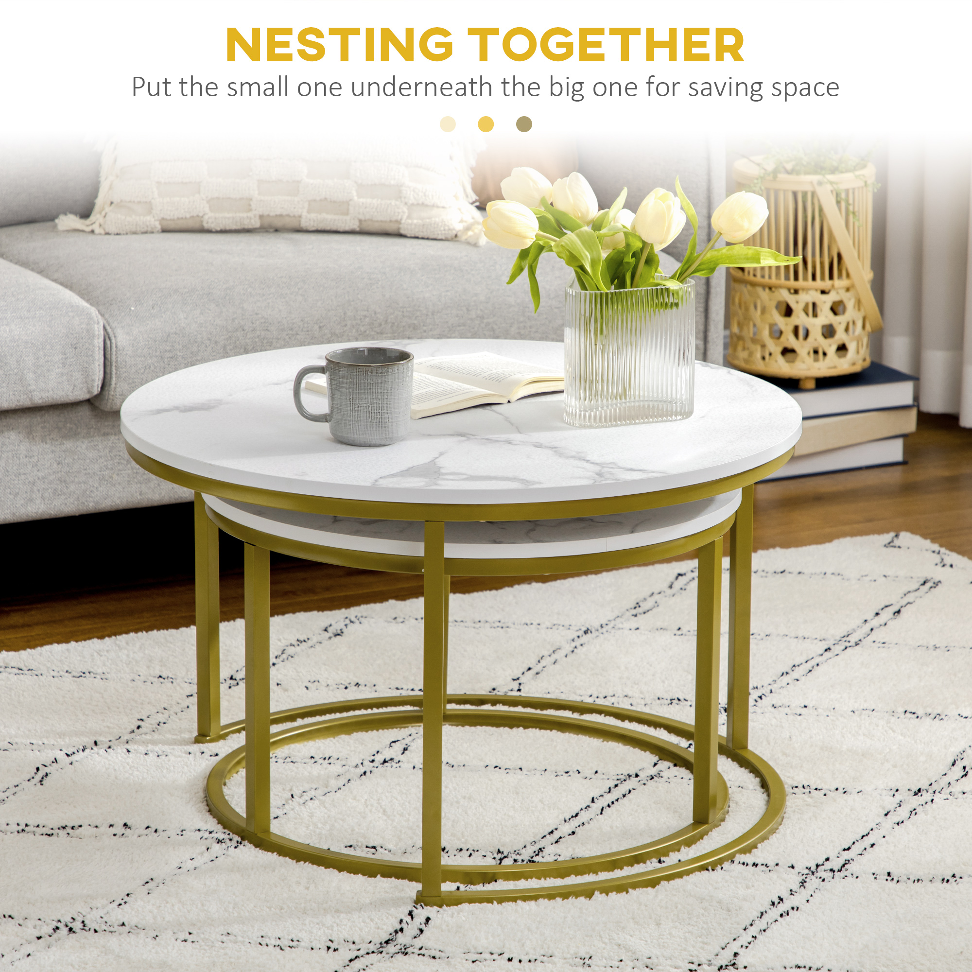 HOMCOM Round Nesting Tables Set of 2, Stacking Coffee Table Set with ...