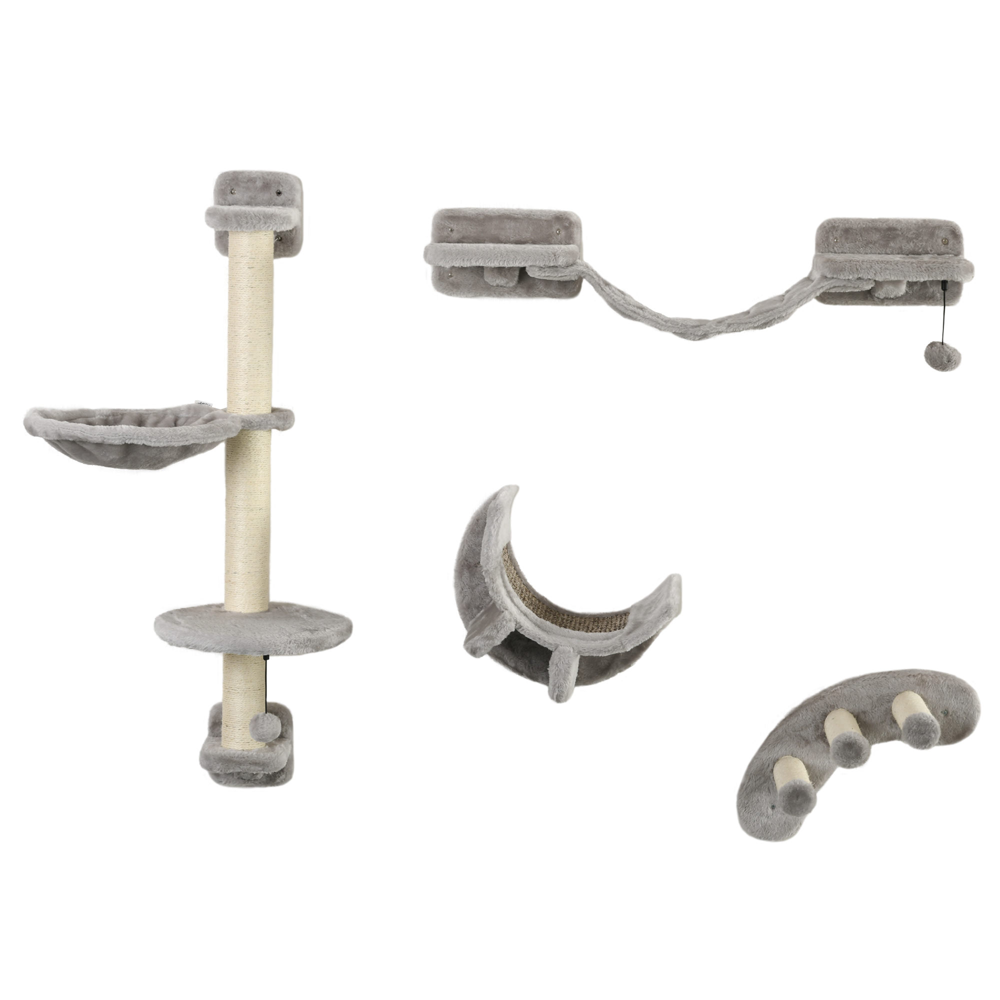 Feline Wall Mount Shelves for Relaxing, 4Pcs Feline Wall Mount Shelving with Scratching Post, Climbing, Feline Wall Mount With Soft Ladder, Hammock, Play Balls, Grey 1