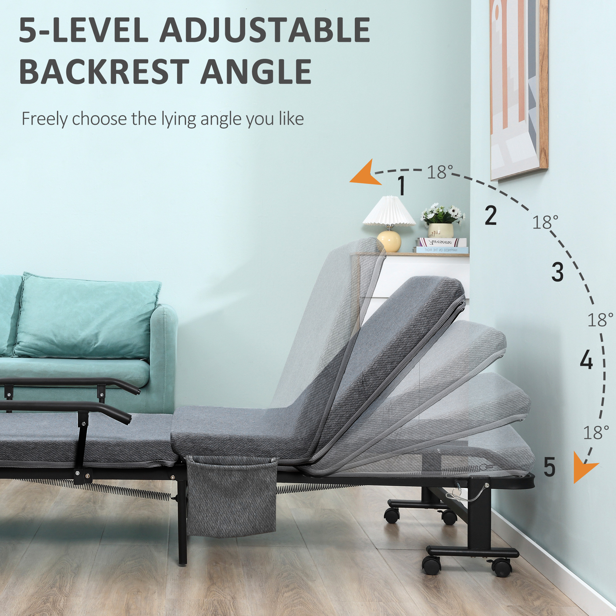 HOMCOM Portable Dark Grey Rollaway Bed, Folding, Adjustable Backrest, Guest Bed on Wheels | Aosom.com 4