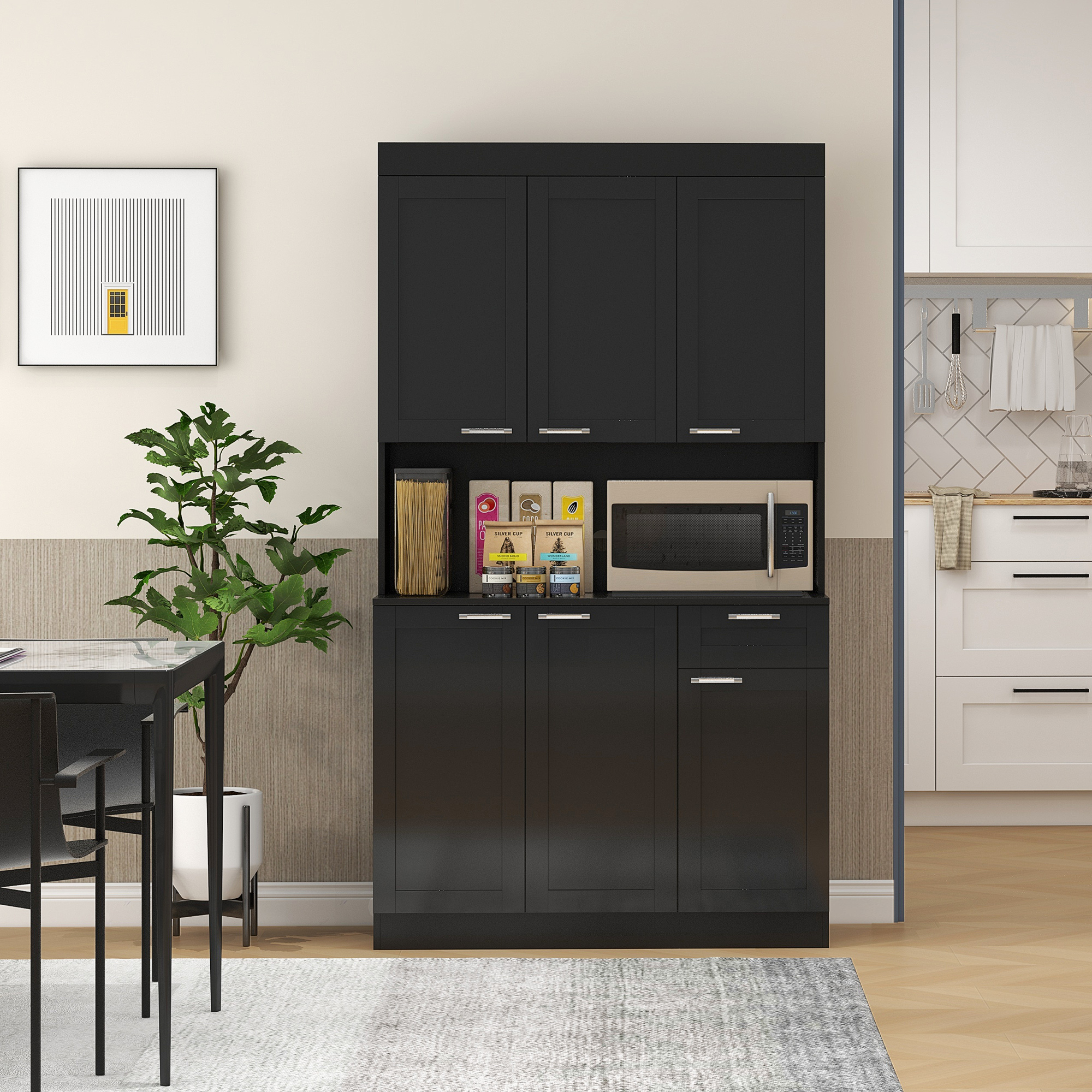 HOMCOM 71" Kitchen Pantry Storage Cabinet, Storage Buffet with Hutch, Adjustable Shelves for Living Room, High Gloss Black Aosom Canada
