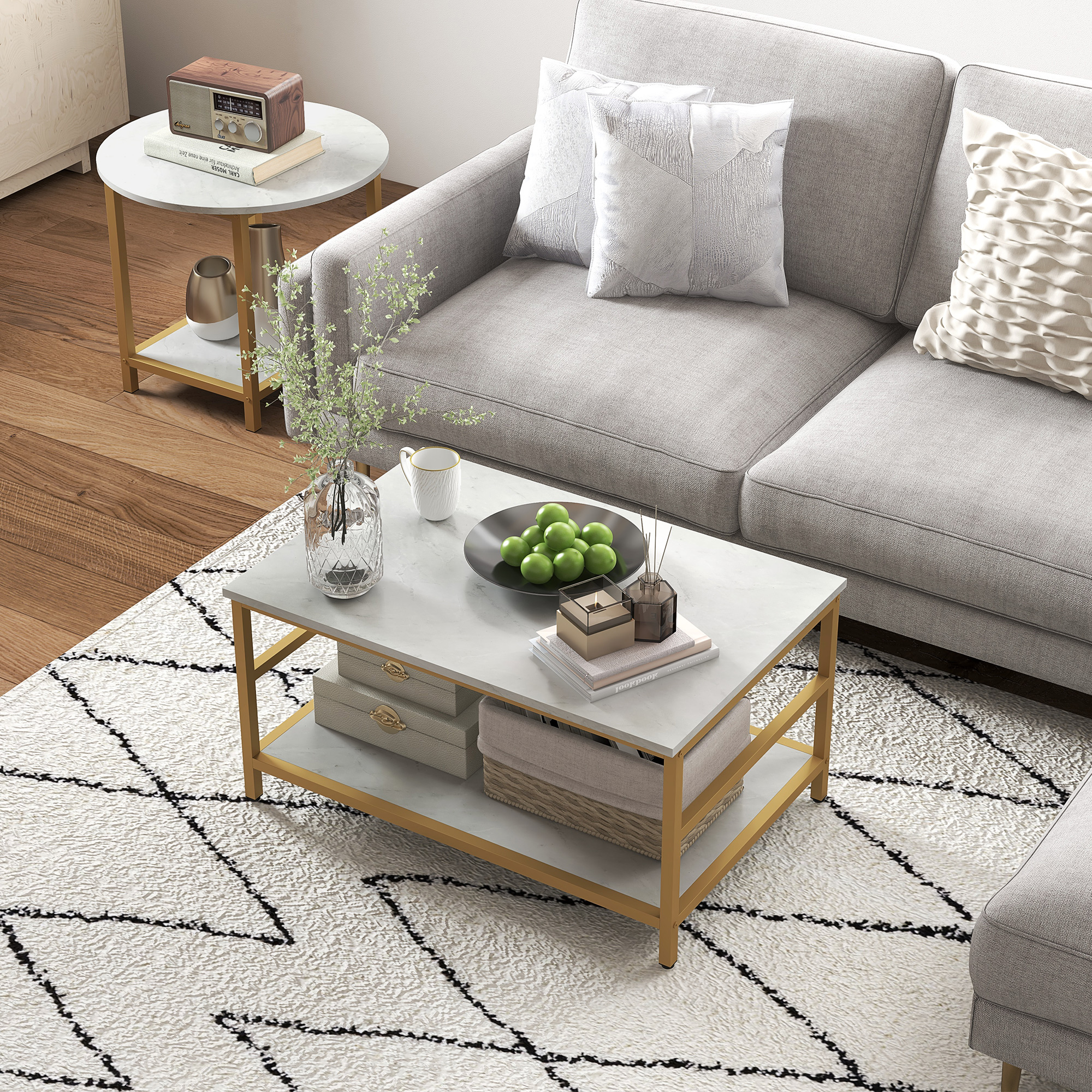 HOMCOM Coffee Tables Sets of 2, Rectangle and Round Coffee Table with Storage Shelves, Faux Marble Top, Living Room Table Set, White 6