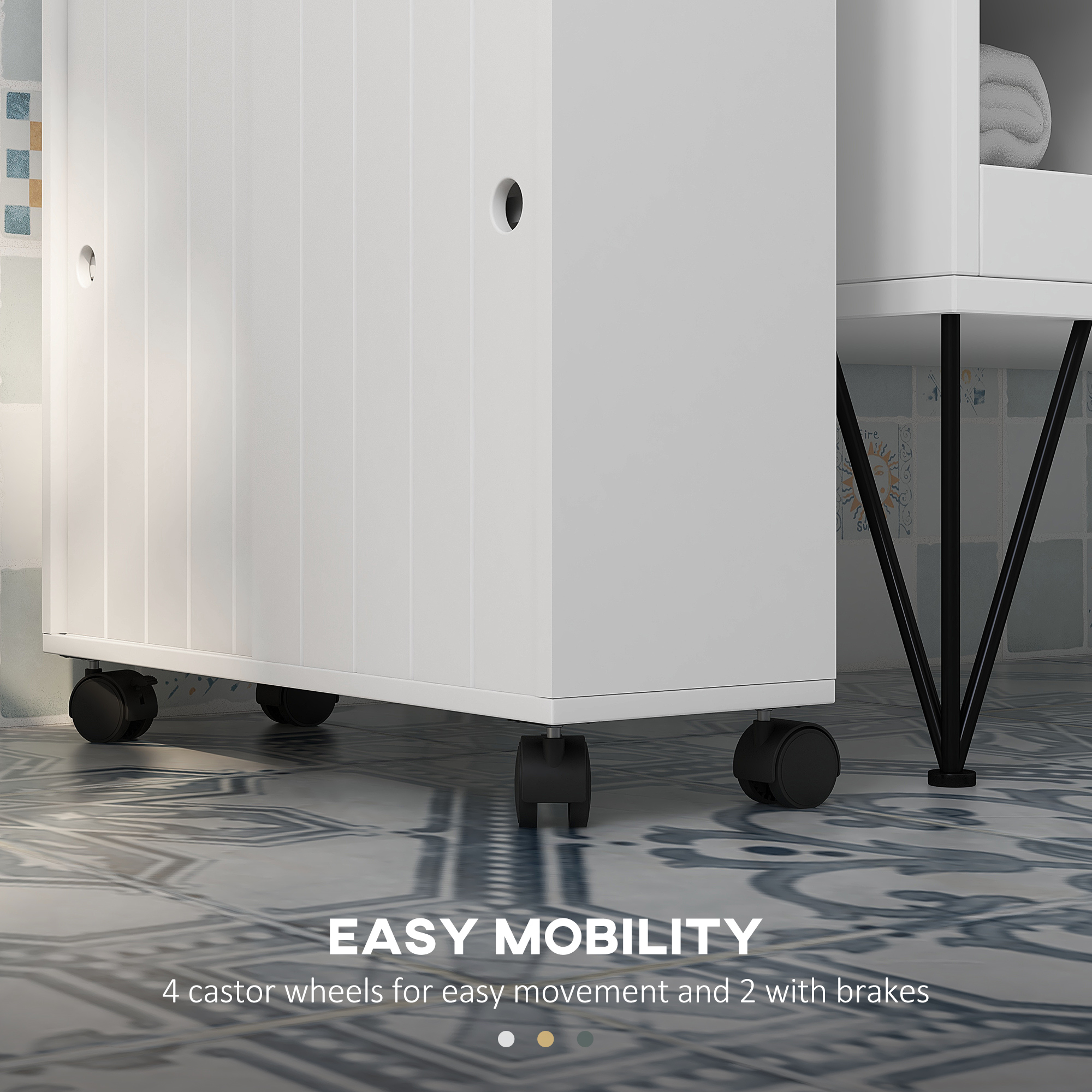 kleankin Toilet Paper Cabinet, Slim Bathroom Cabinet with 4 Rolling Wheels, Small Bathroom Storage Cabinet w/ Sliding Doors & Adjustable Shelf, White 3