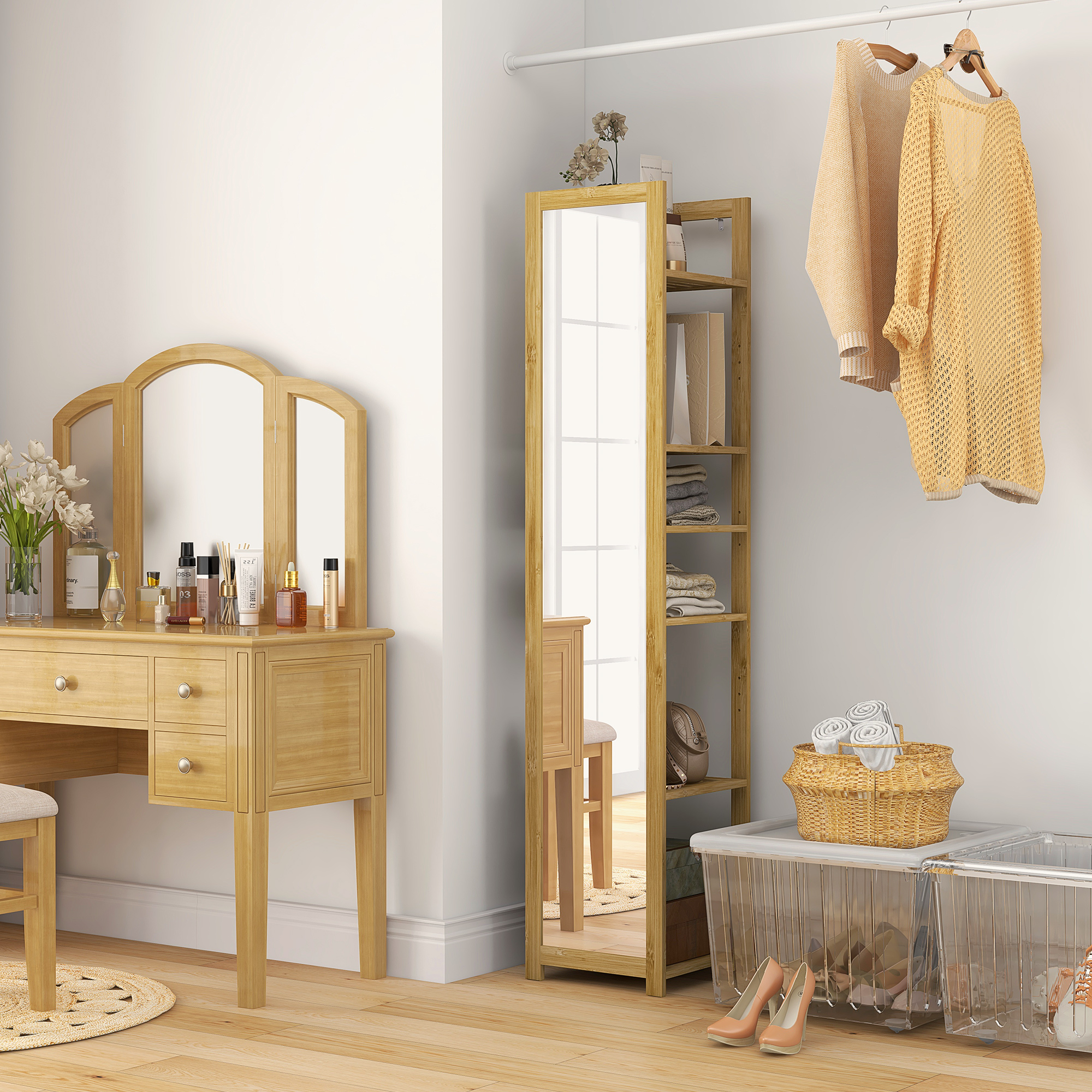 HOMCOM 6-Tier Bamboo Bathroom Shelves with Mirror, Freestanding
