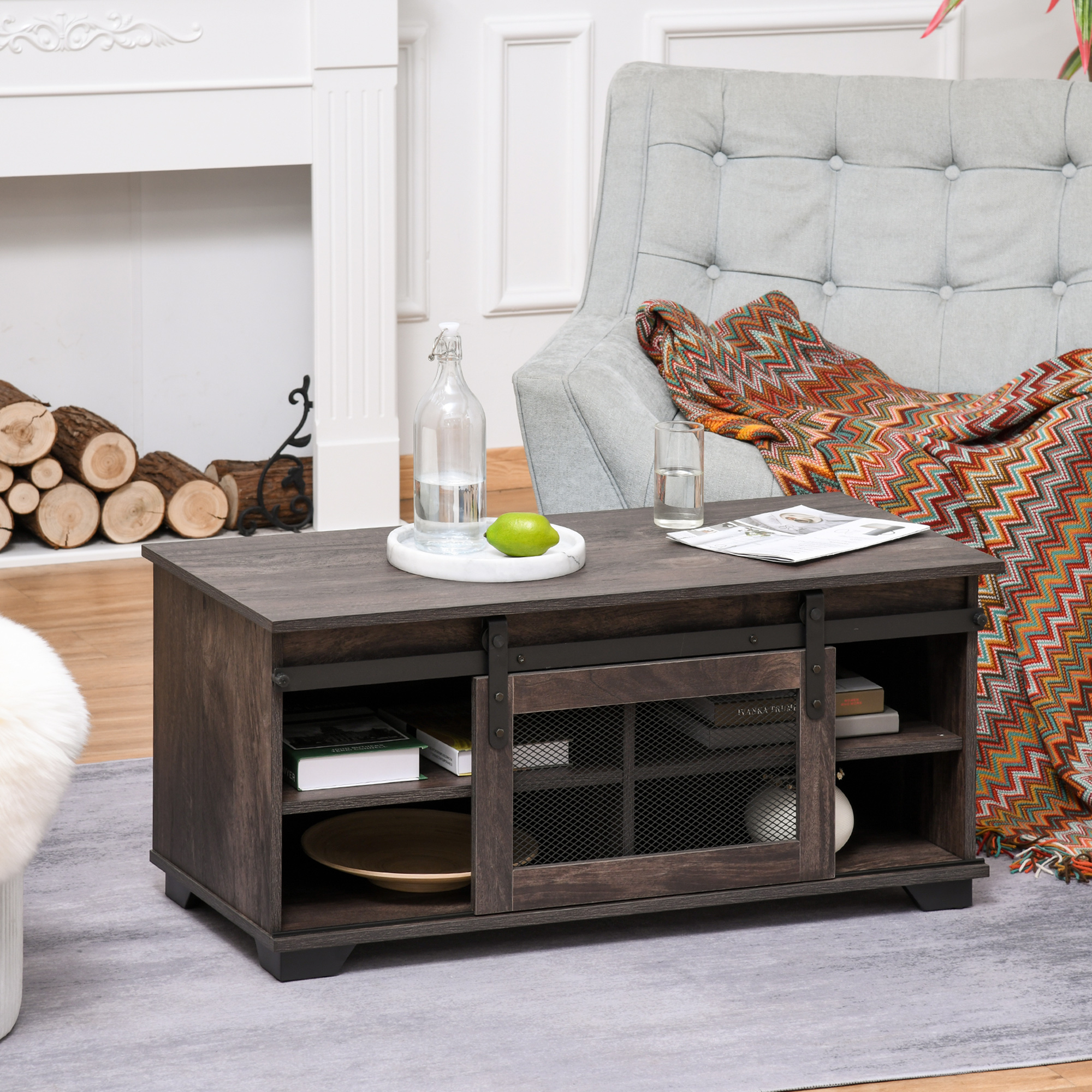 HOMCOM Coffee Table Farmhouse Dark Brown Sliding Mesh Barn Door Storage Living Room | Aosom.com 5
