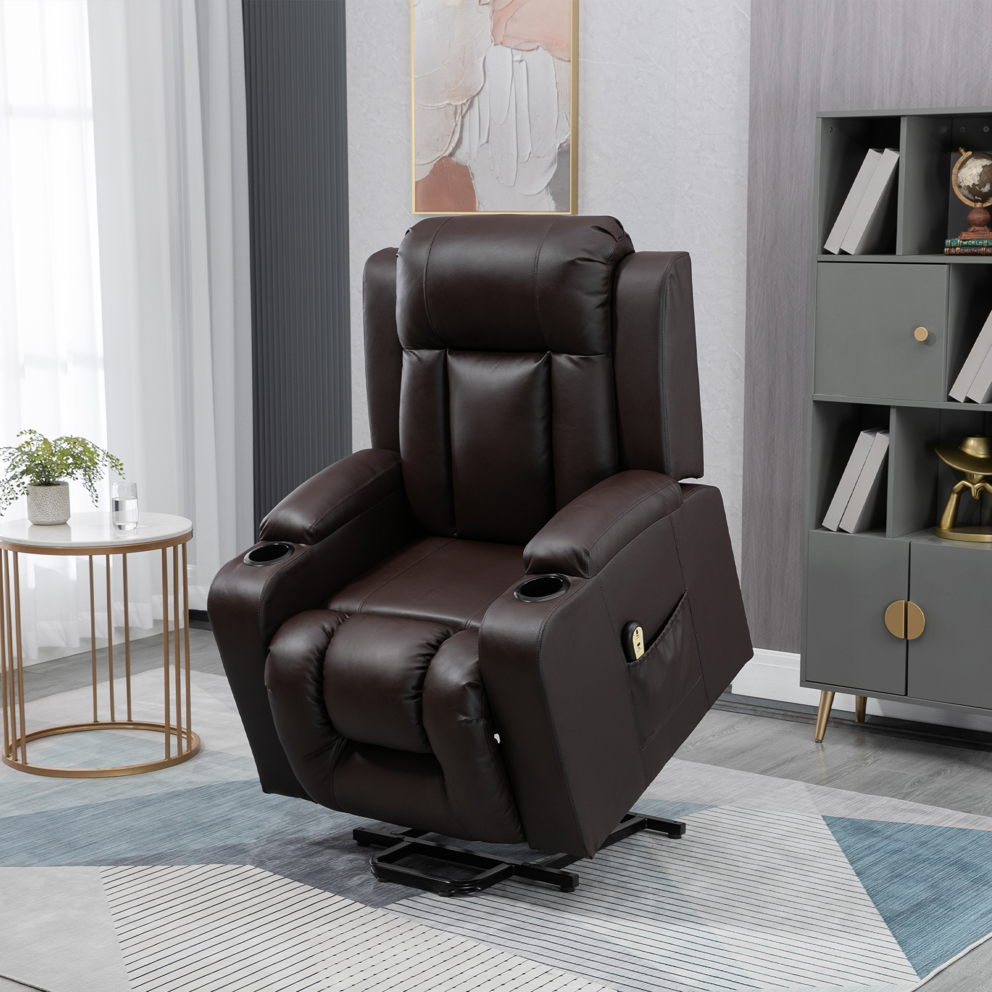 HOMCOM Electric Power Lift Chair for Elderly, PU Leather Recliner Sofa with Footrest, Remote Control and Cup Holders, Brown Aosom Canada