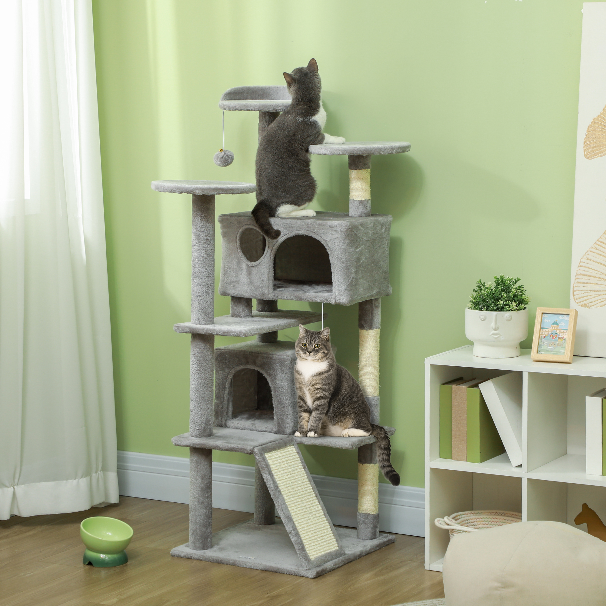 PawHut 54" Cat Tree, Multi-Level Cat Tower with Scratching Posts, Cat Condos, Bed, Platforms, Ramp, Toy Ball, Light Grey Aosom Canada