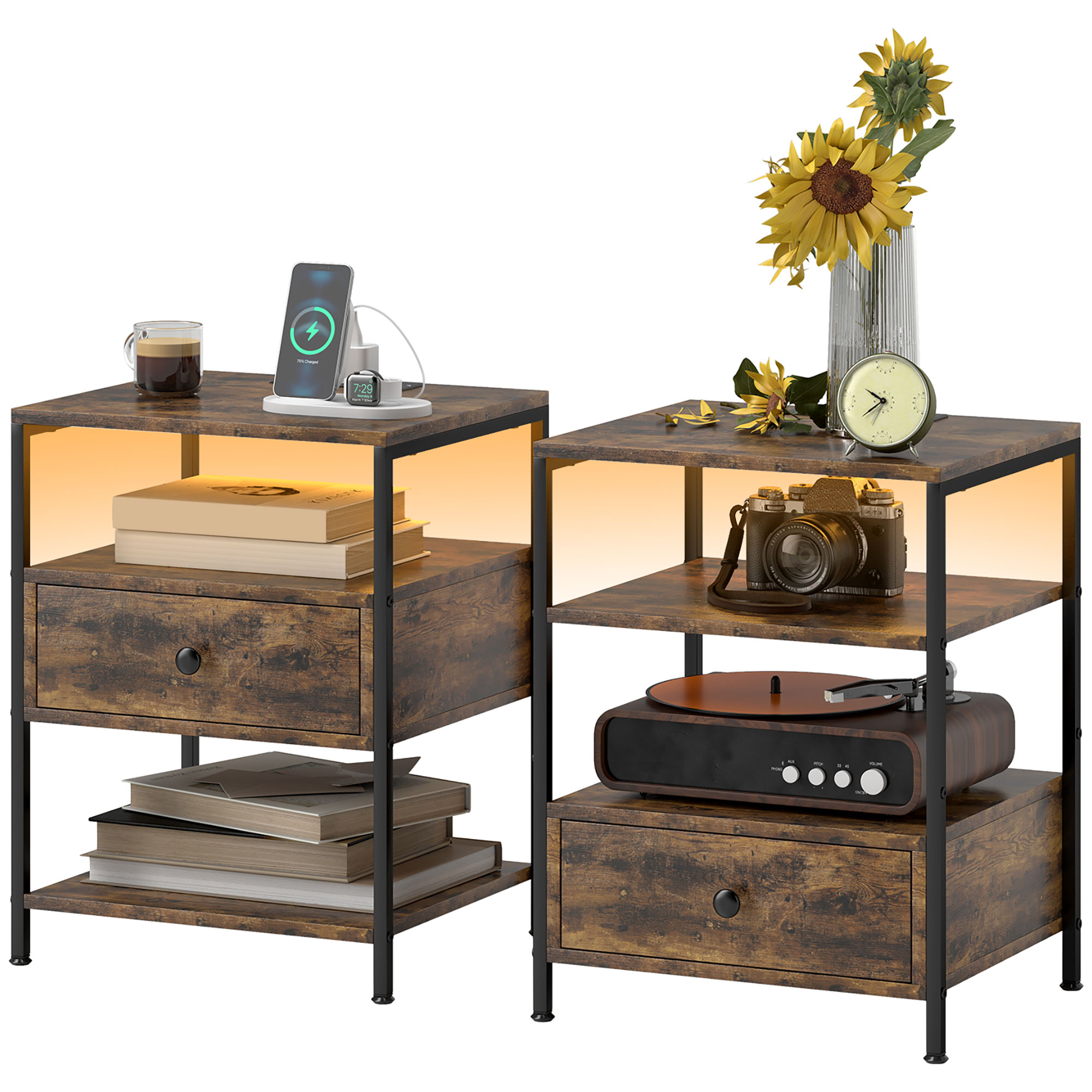 HOMCOM Set of 2 Side Tables with Charging Stations and LED Lights, End Tables with Drawer and Shelves for Living Room, Brown