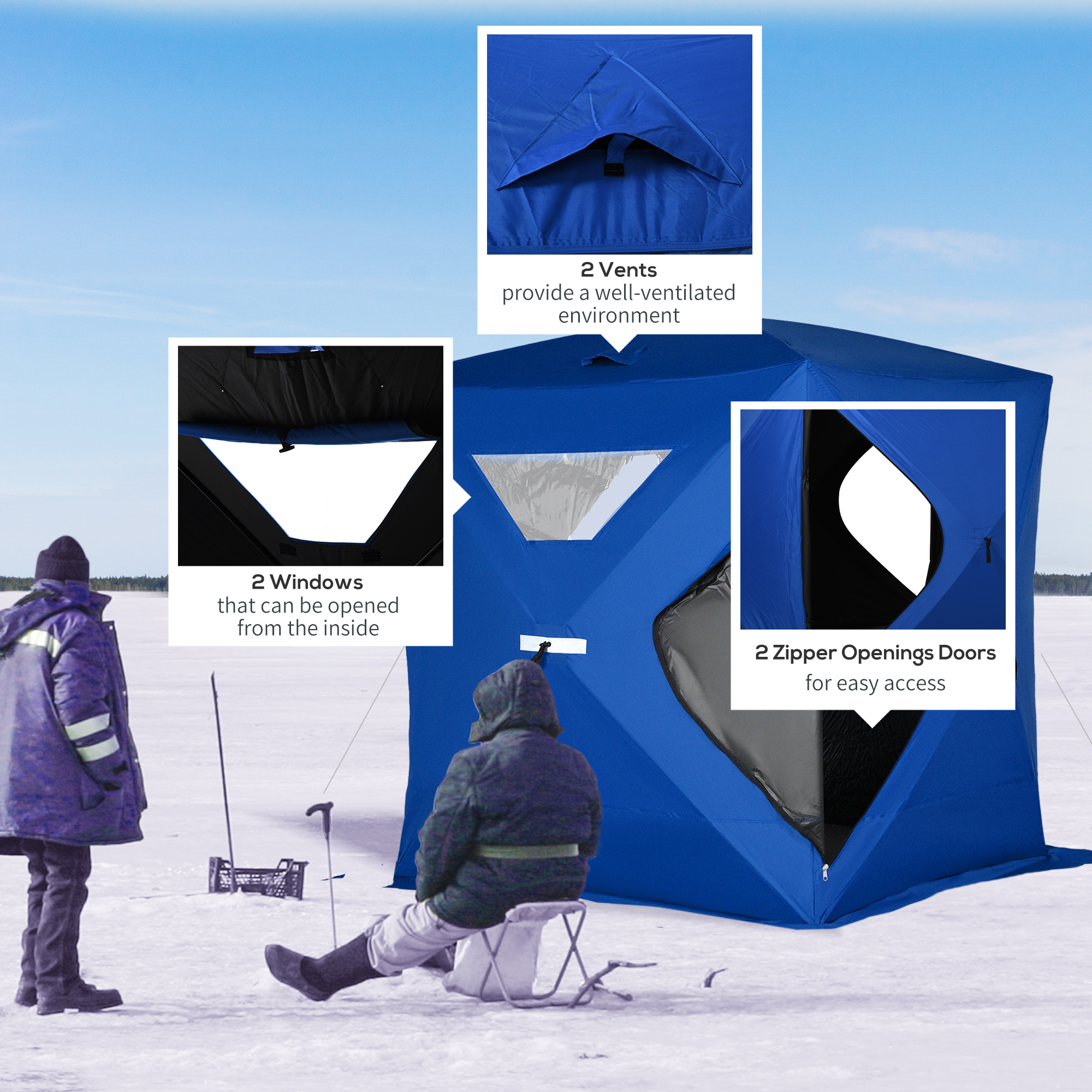 Outsunny 2-4 People Ice Fishing Shelter, Pop-Up Portable Ice Fishing Tent  with Carry Bag, Two Doors, Windows and Vents, Ice Shanty for Winter  Fishing,