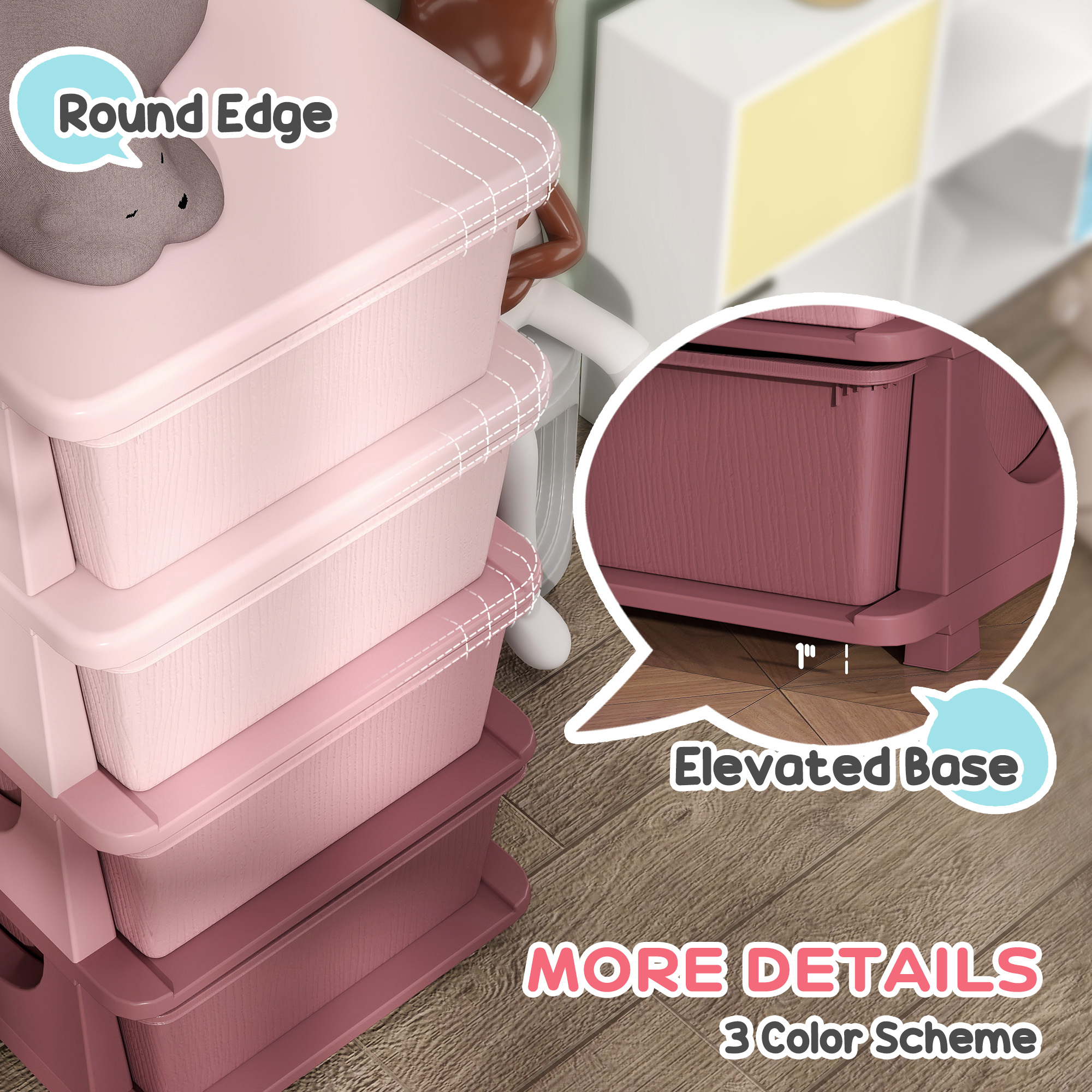 Qaba 30" 4 Tier Kids Storage Unit Dresser Tower w/ 4 Drawers, Pink 3