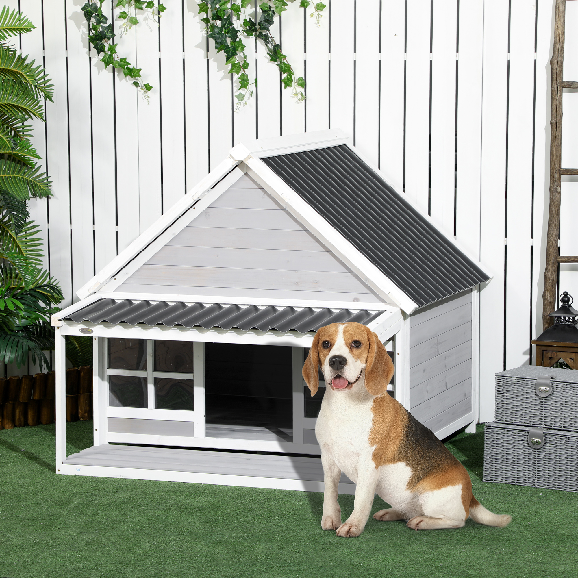 PawHut Wooden Dog House Outdoor with Porch Cabin Style Raised Dog Shelter with PVC Roof Front Door Windows for Large Medium Sized Dog Aosom
