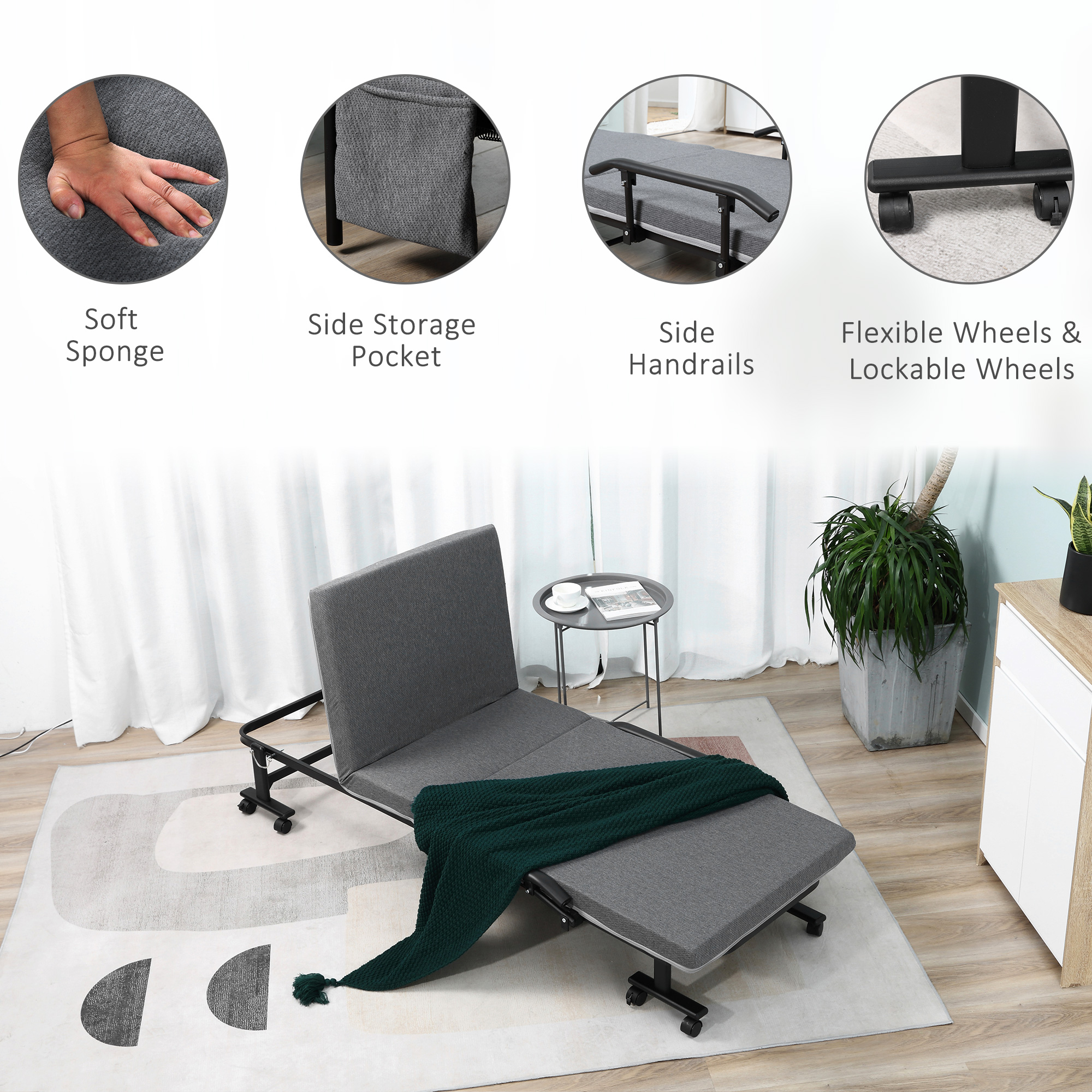 HOMCOM Portable Dark Grey Rollaway Bed, Folding, Adjustable Backrest, Guest Bed on Wheels | Aosom.com 5