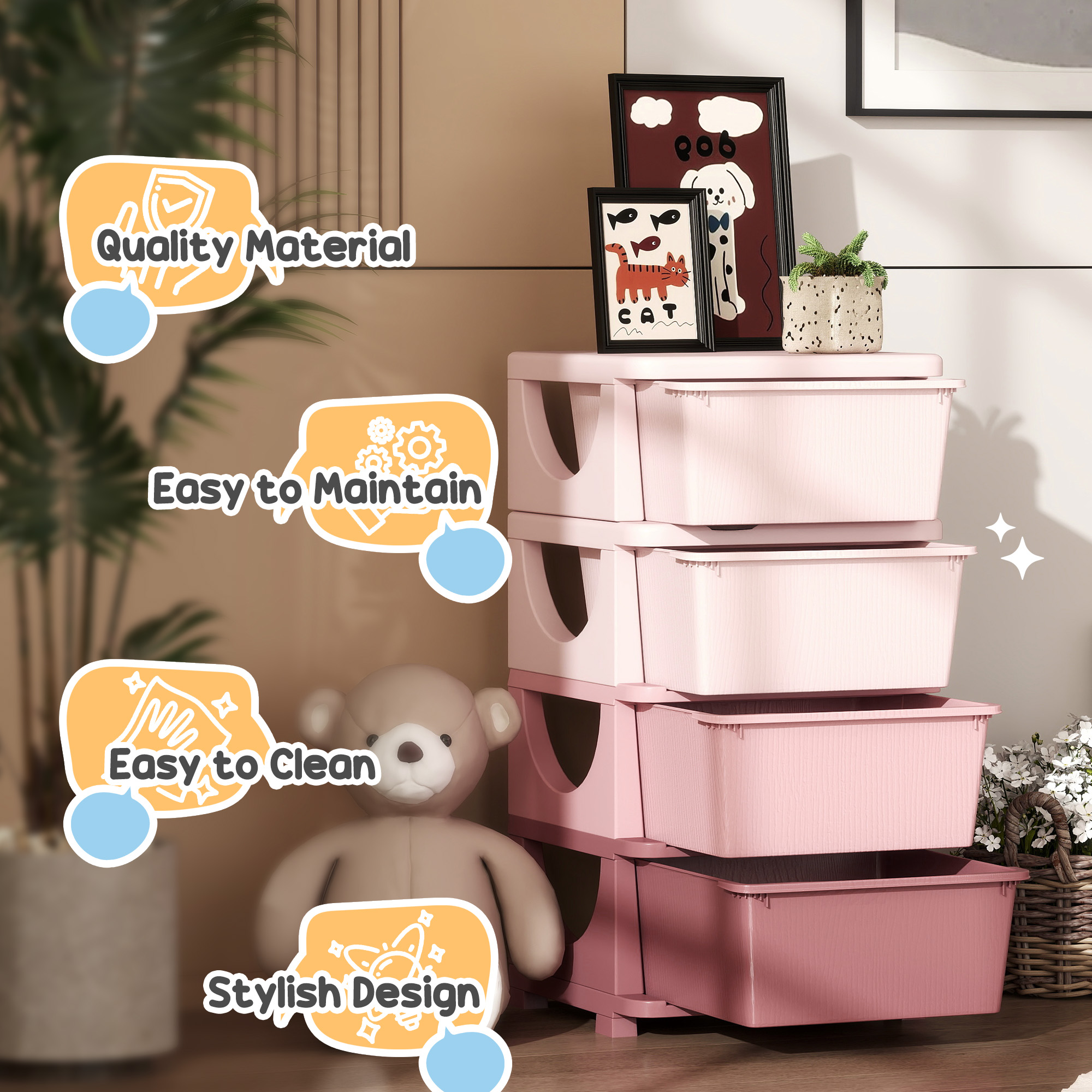 Qaba 30" 4 Tier Kids Storage Unit Dresser Tower w/ 4 Drawers, Pink 5