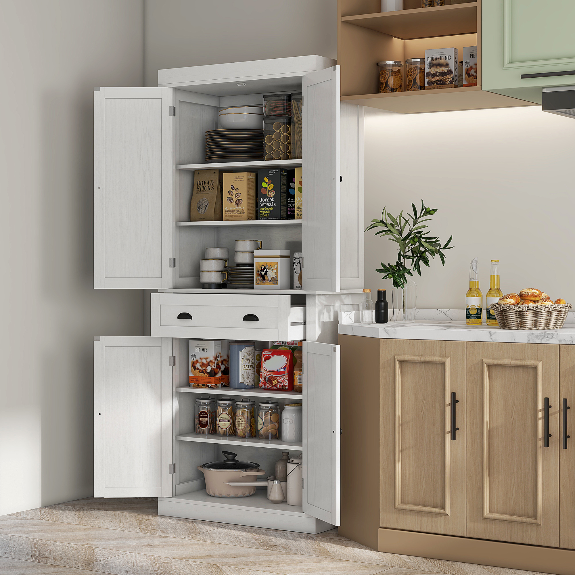HOMCOM Tall Kitchen Storage Cabinet with 4 Doors and Drawer, Freestanding Pantry with Adjustable Shelves for Living Room,White Aosom Canada