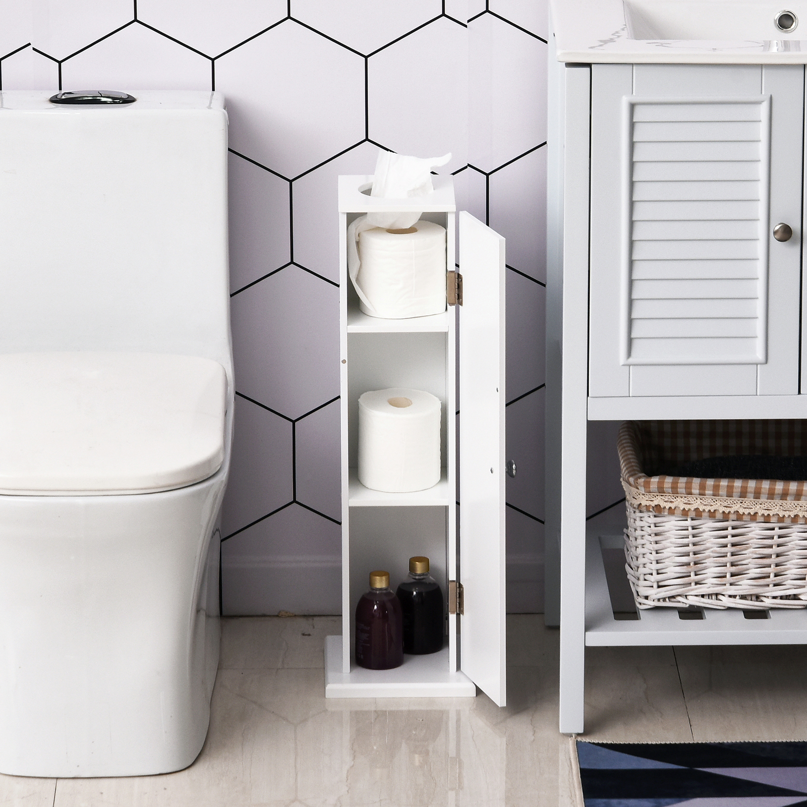 HOMCOM Toilet Paper Storage Cabinet 26 Narrow Bathroom Organizer Floor Standing White | Aosom.com 0