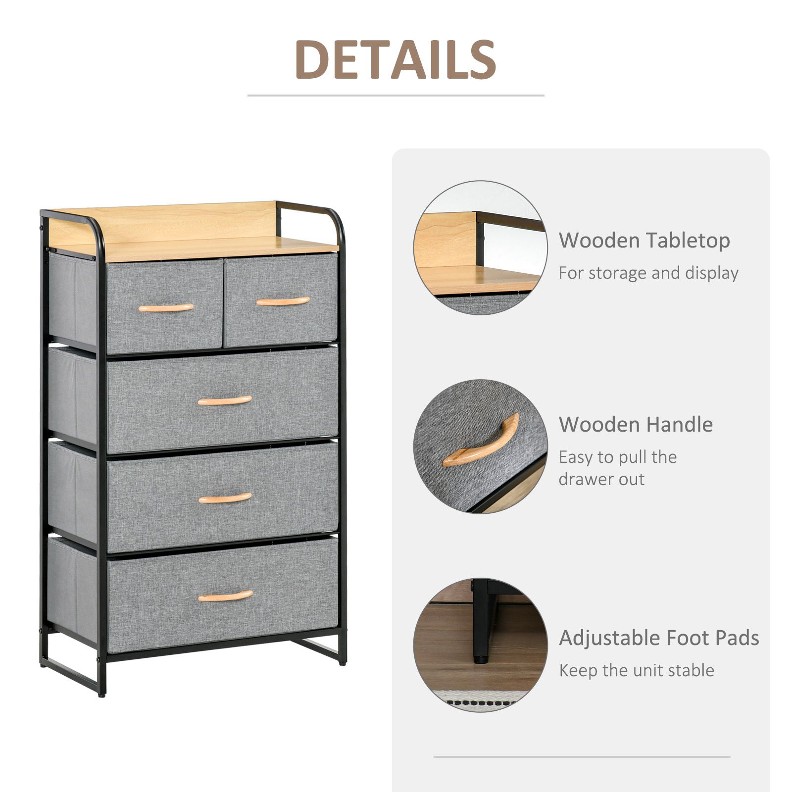HOMCOM 5-Drawer Light Gray Dresser Tower with Steel Frame & Wooden Top for Bedroom Storage | Aosom.com 4