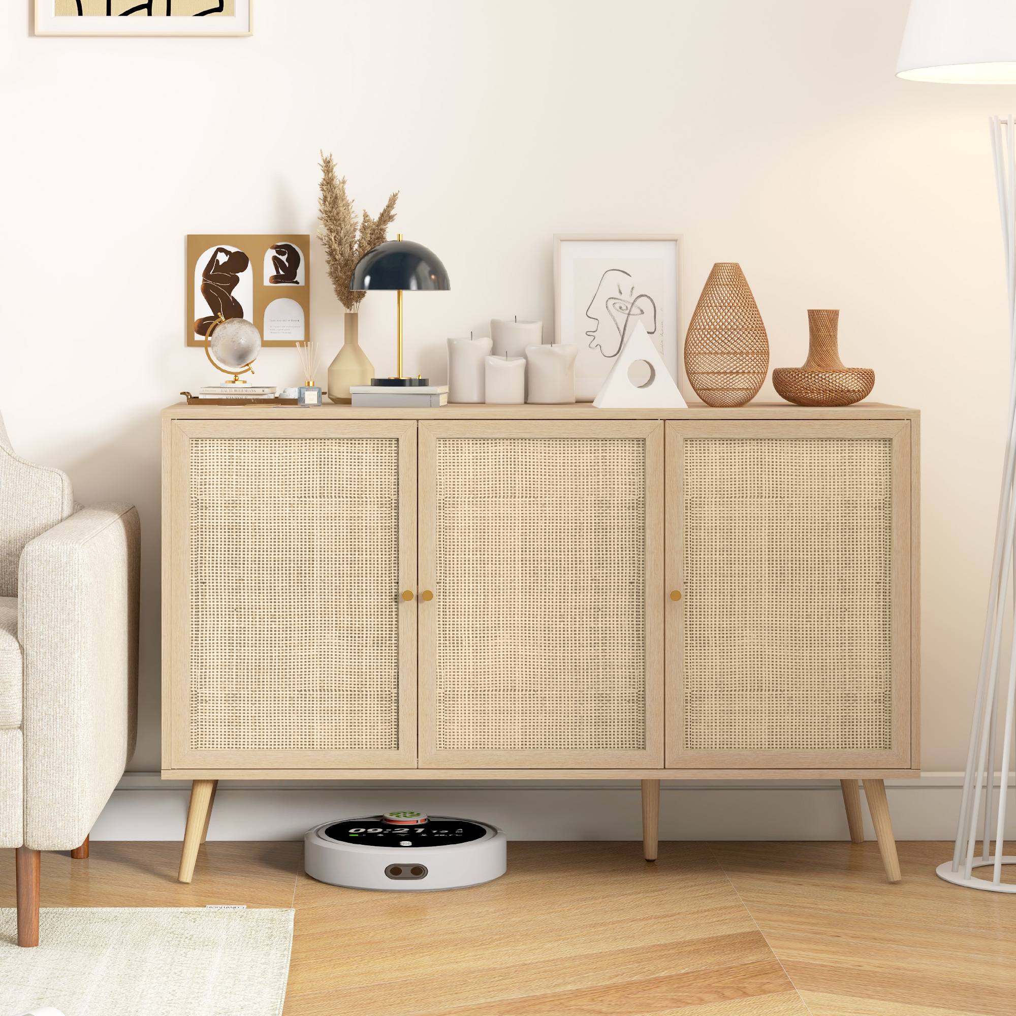 HOMCOM Kitchen Sideboard Cabinet, Boho Storage Cabinet with Shelves, Wood Legs, Decorative Rattan Doors, Natural Aosom Canada