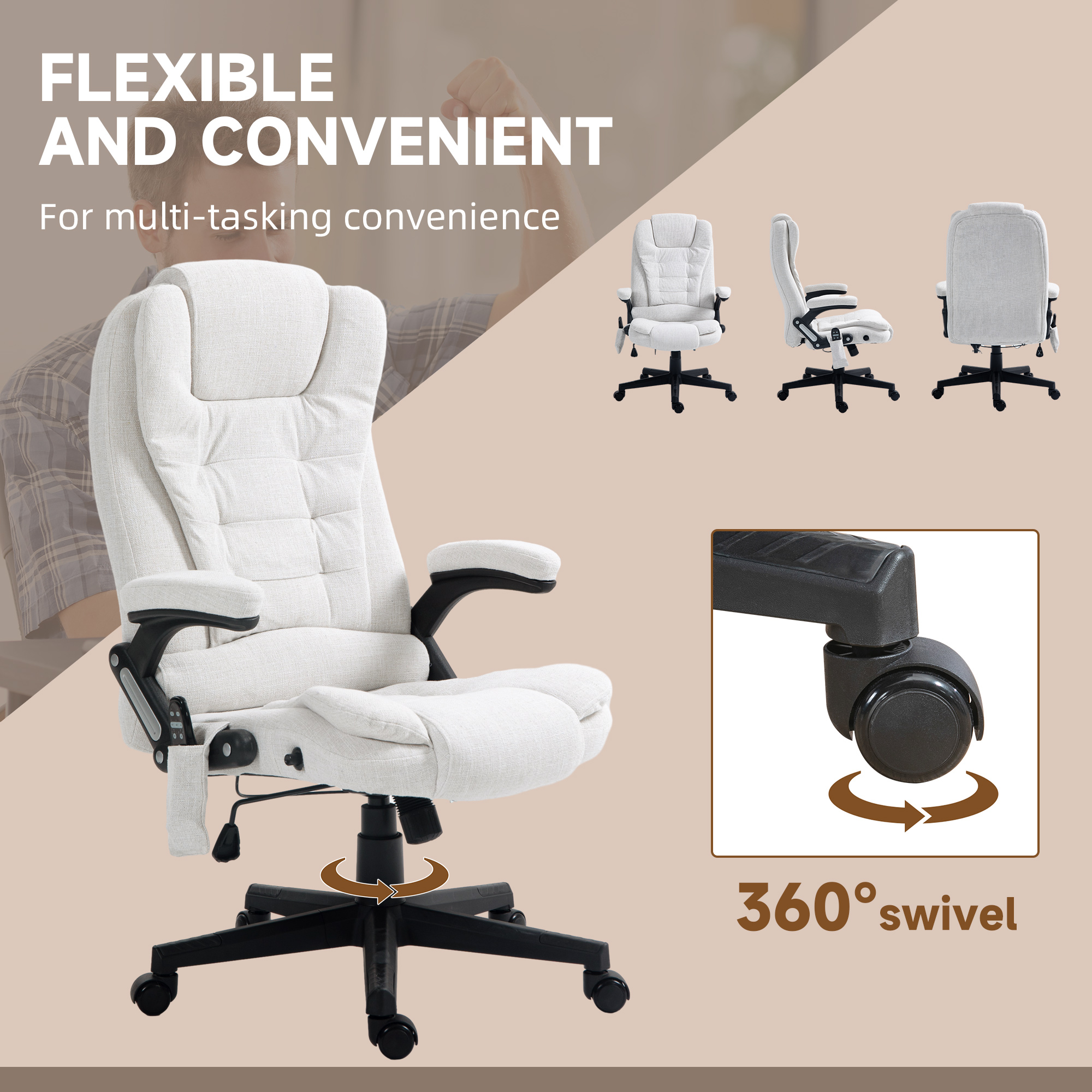 HOMCOM 6 Point Massage Office Chair with Heat, White Linen