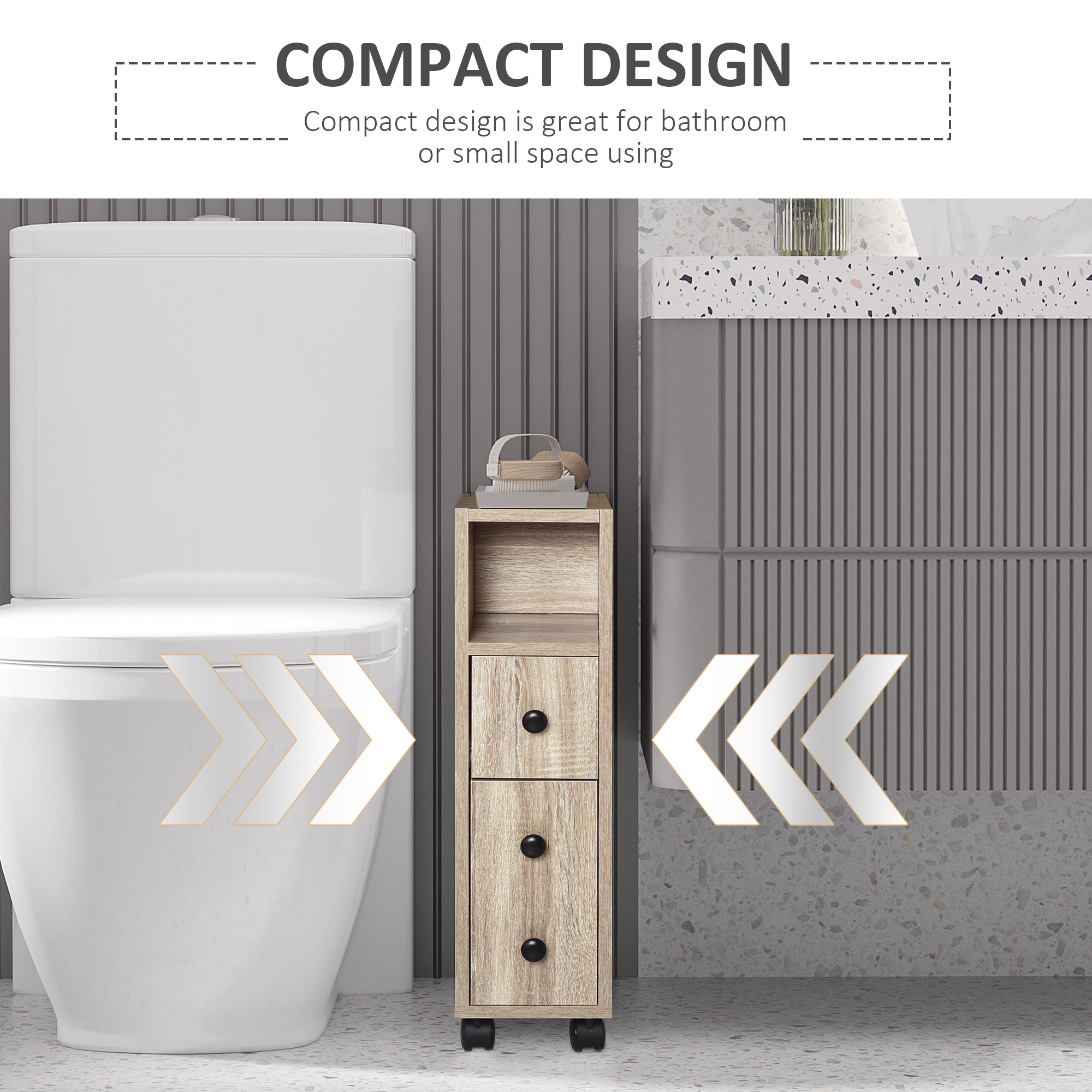 kleankin Freestanding Compact Design Bathroom Cabinet with 2 Open Cabinets  1 Door Cabinet  1 Drawer and 4 Rolling Wheels  Oak Grain Color 4