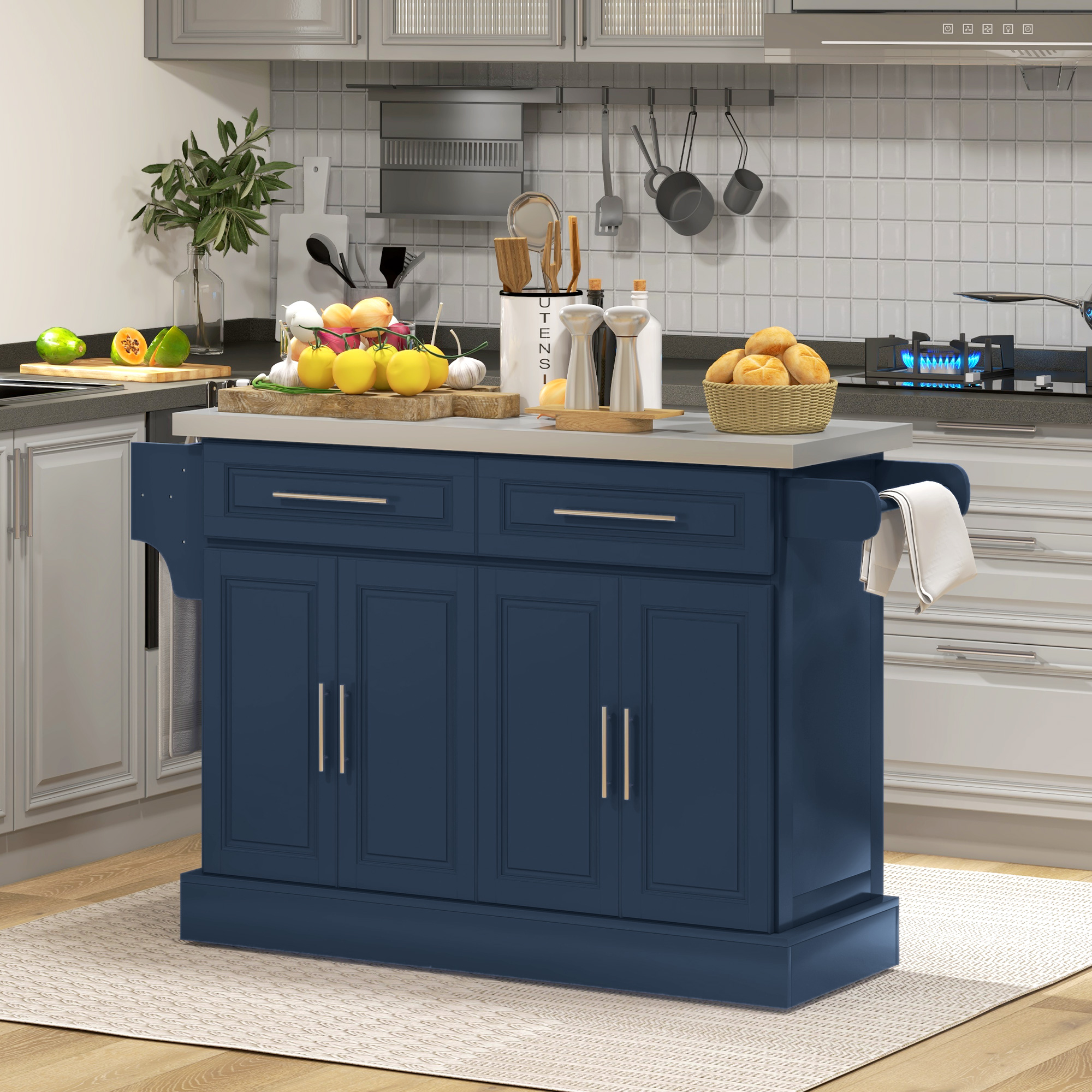 HOMCOM Rolling Kitchen Island with Storage and Stainless Steel Top, Kitchen Trolley with Drawers, Cabinets, Towel Rack, Blue Aosom Canada