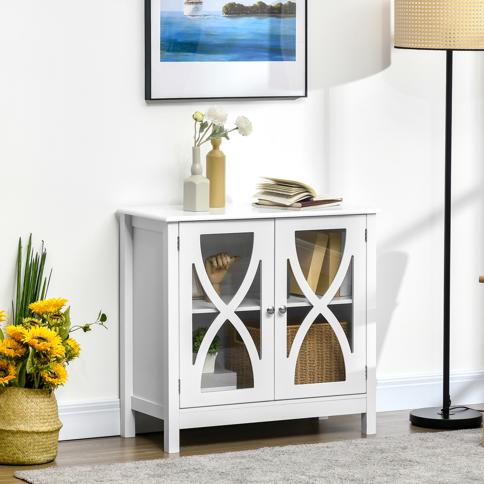 HOMCOM Sideboard Buffet Cabinet, Glass Door Buffet Cabinet with Accent Cupboard & Adjustable Shelf for Dining & Living Rooms, White Aosom Canada