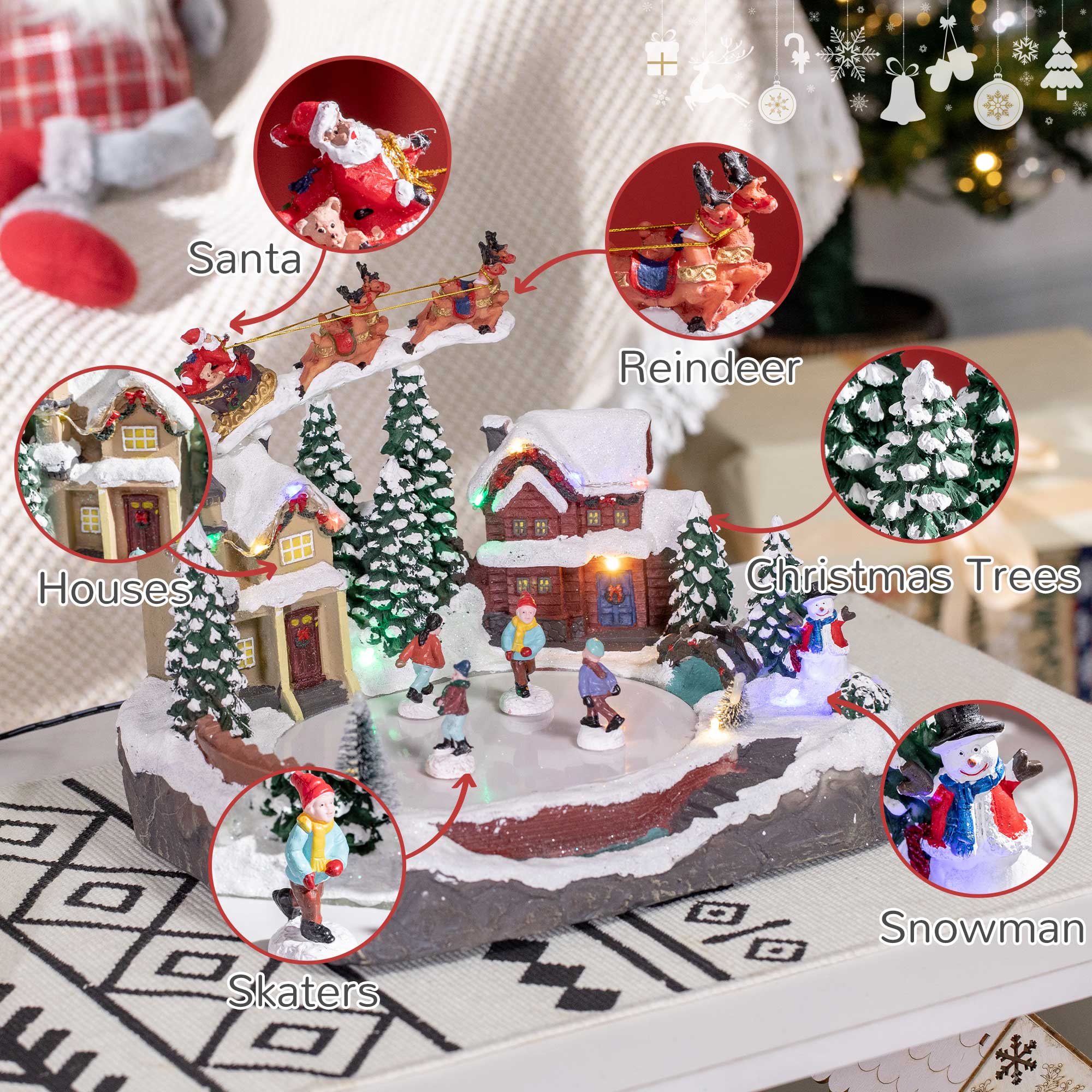 HOMCOM Christmas Village, Santa and Deer Skating Pond Animated Winter
