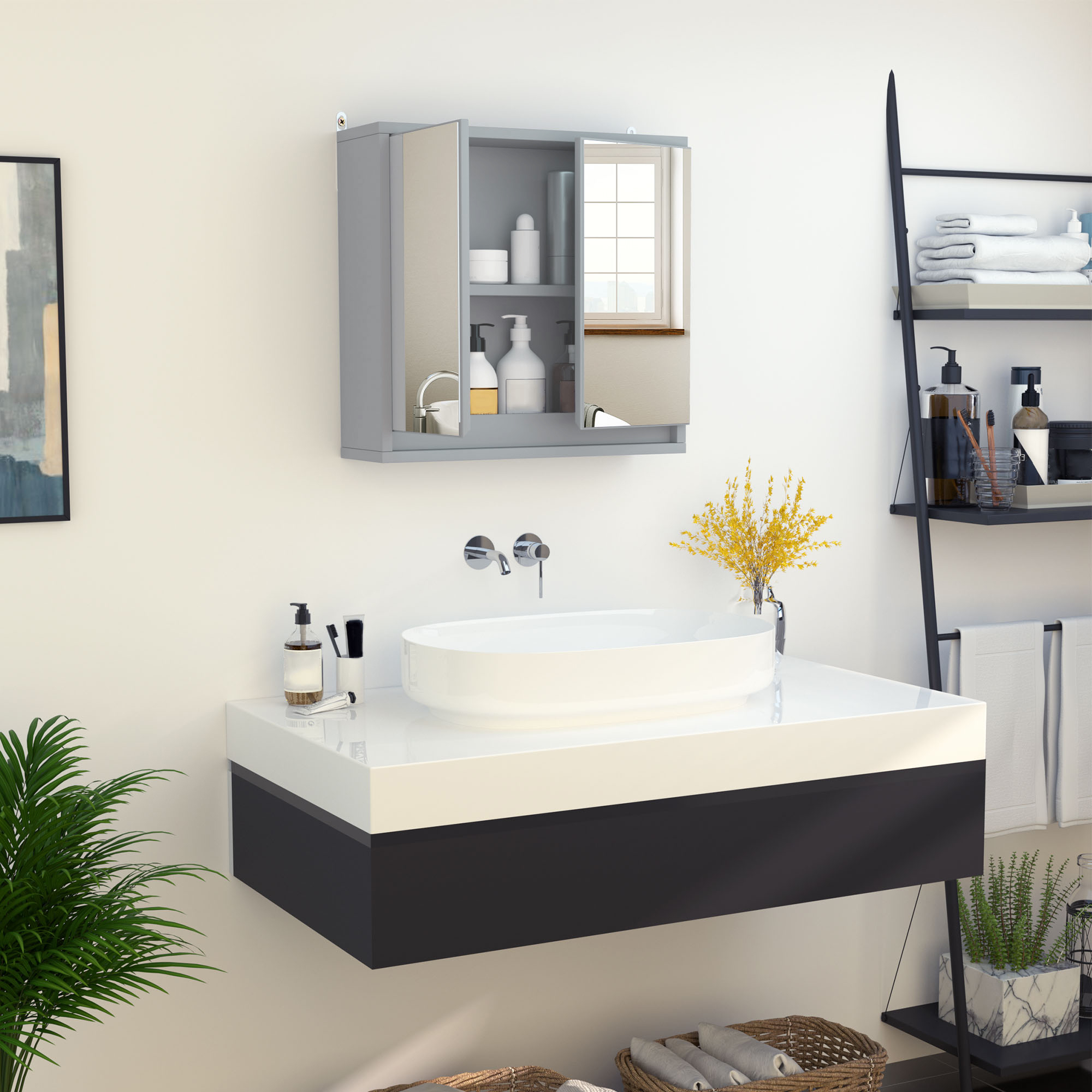HOMCOM Wall Mounted Bathroom Medicine Cabinet Mirrored Cabinet with ...