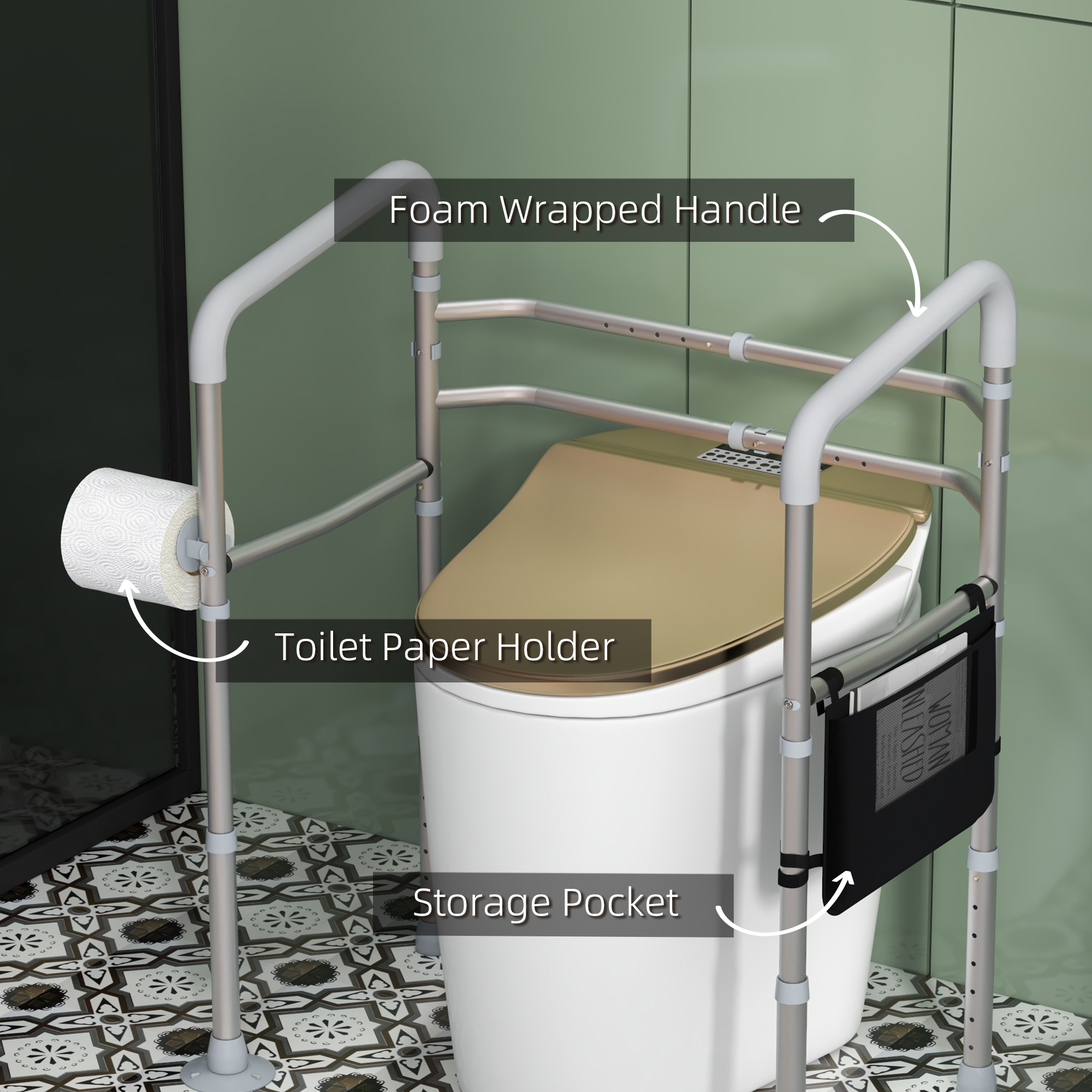 HOMCOM Stand Alone Toilet Safety Rails, Toilet Rails with Adjustable ...