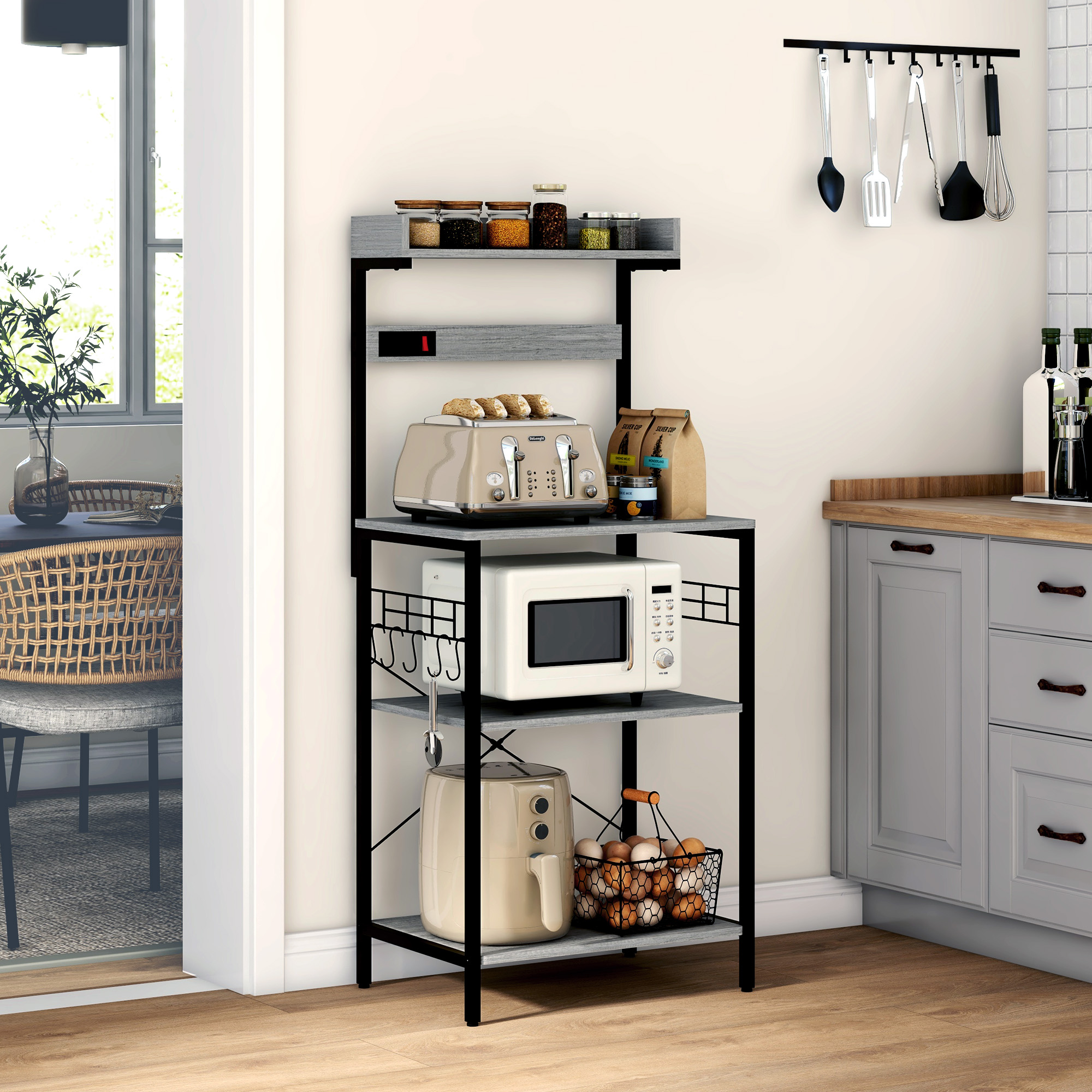 HOMCOM Baker's Rack with Power Outlet Coffee Bar Station Adjustable Shelves Hooks Distressed Grey Metal Wood Aosom Canada