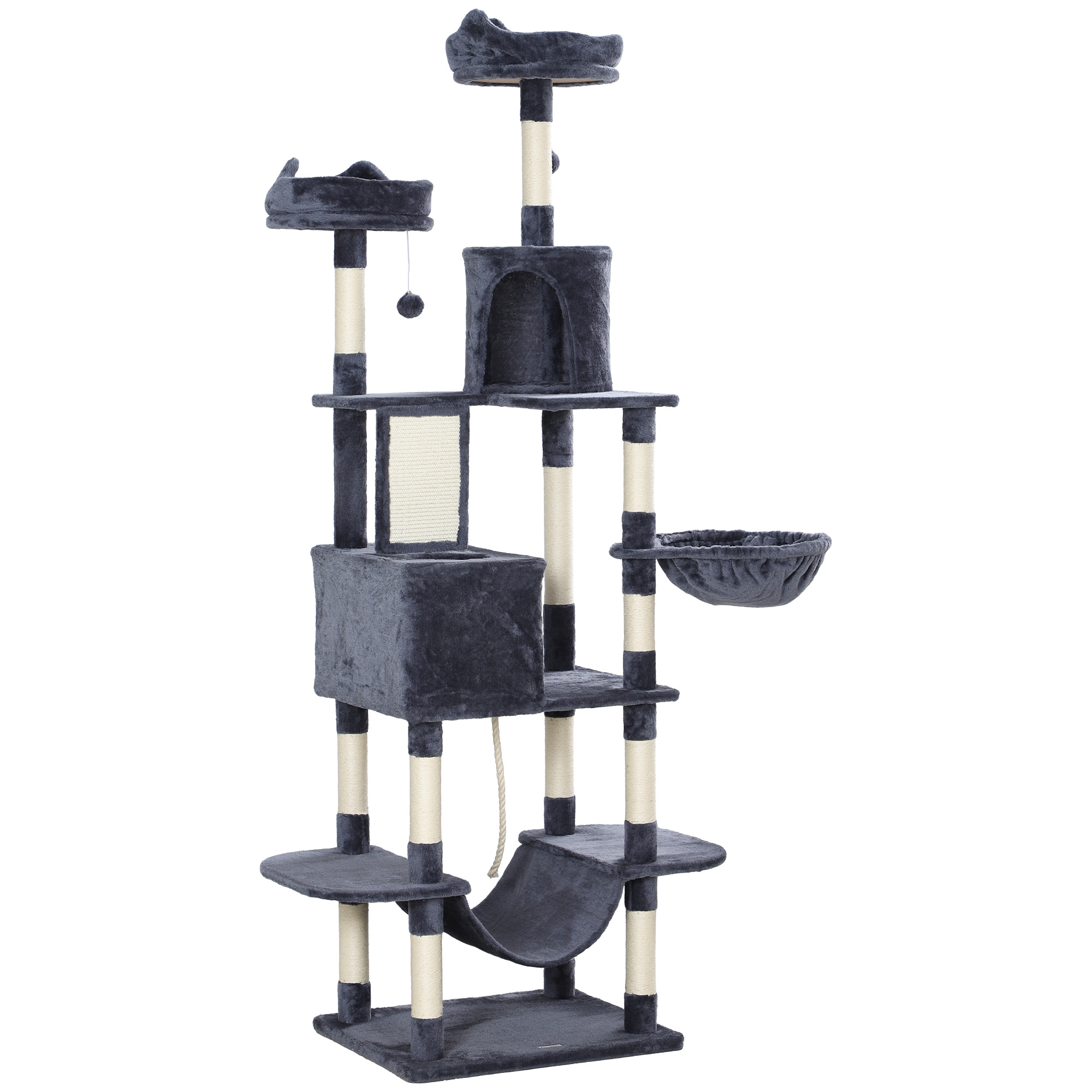 Condos, 81" Spacious Feline Tree w/ Scratching Posts, Beds, Hammocks, Jumping Platforms, Plaything Balls, Rope Feline Plaything, Dark Grey 1