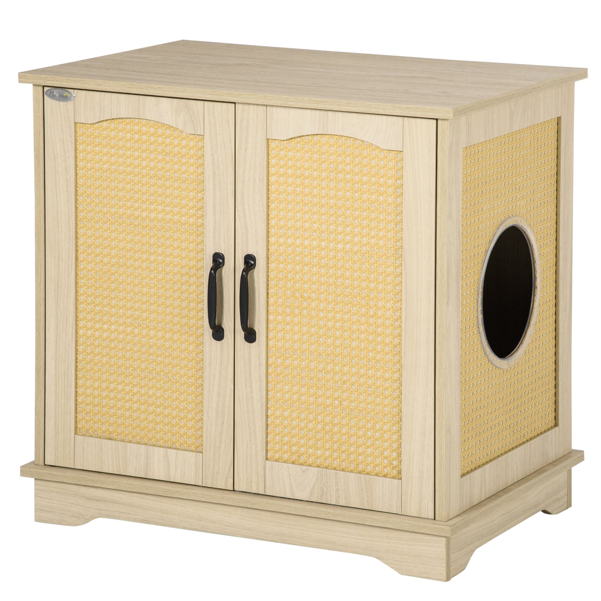 PawHut Oak Hidden Litter Box Enclosure Cushioned Double Door Wooden Cat Washroom End Table Pet House | Aosom.com