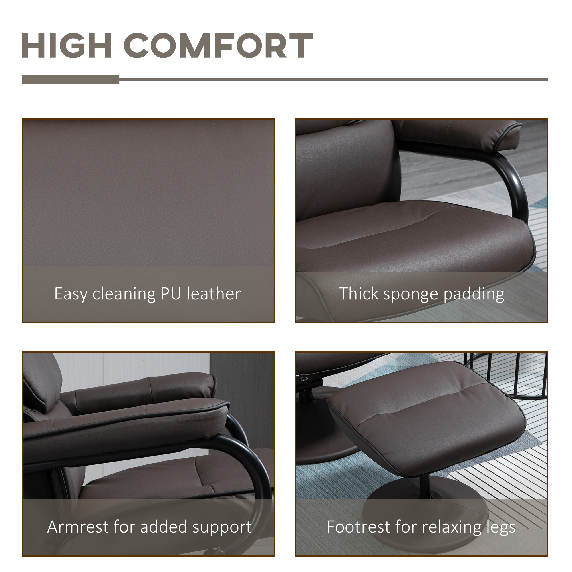 HOMCOM Recliner Chair with Ottoman Cream White Swivel PU Leather High Back Armchair Thick Foam, Brown| Aosom.com 4