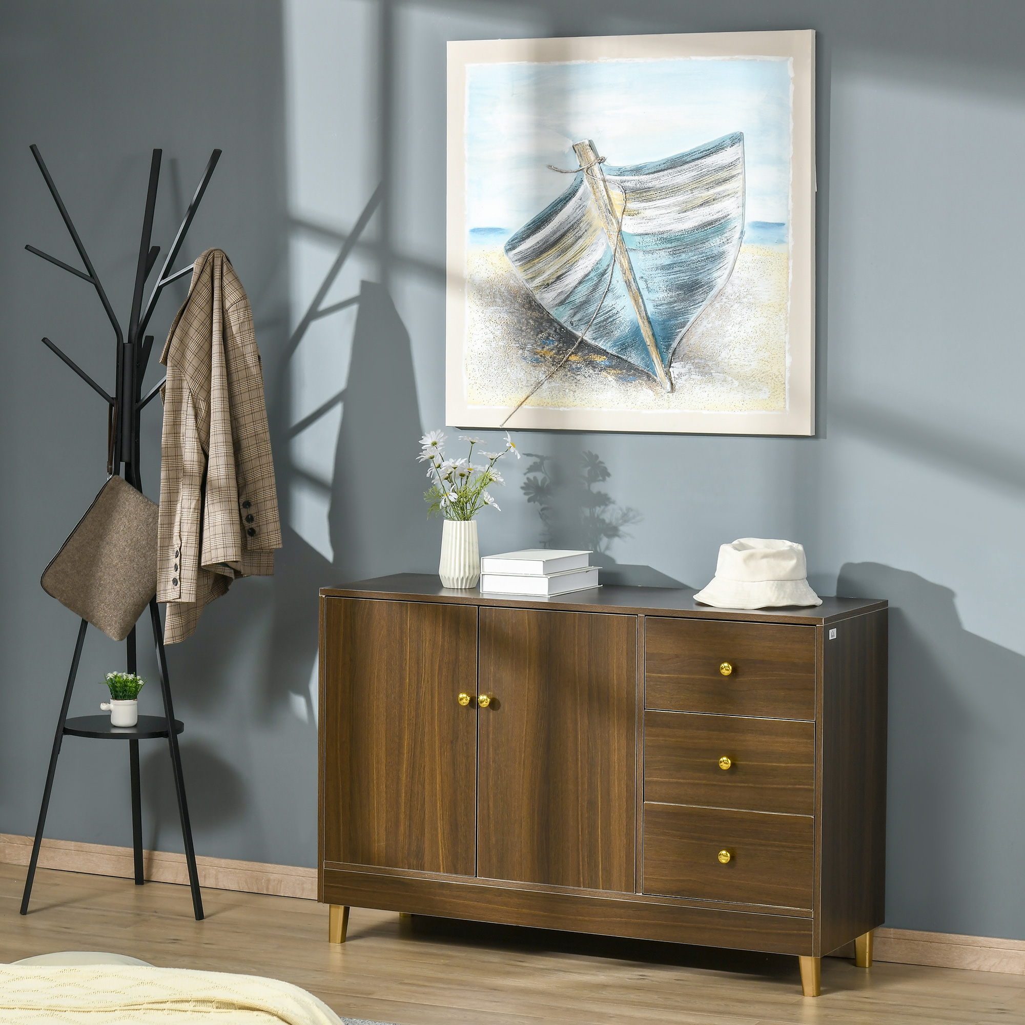 HOMCOM Hand-Painted Canvas Wall Art, Painting Artwork Blue Boat in the ...