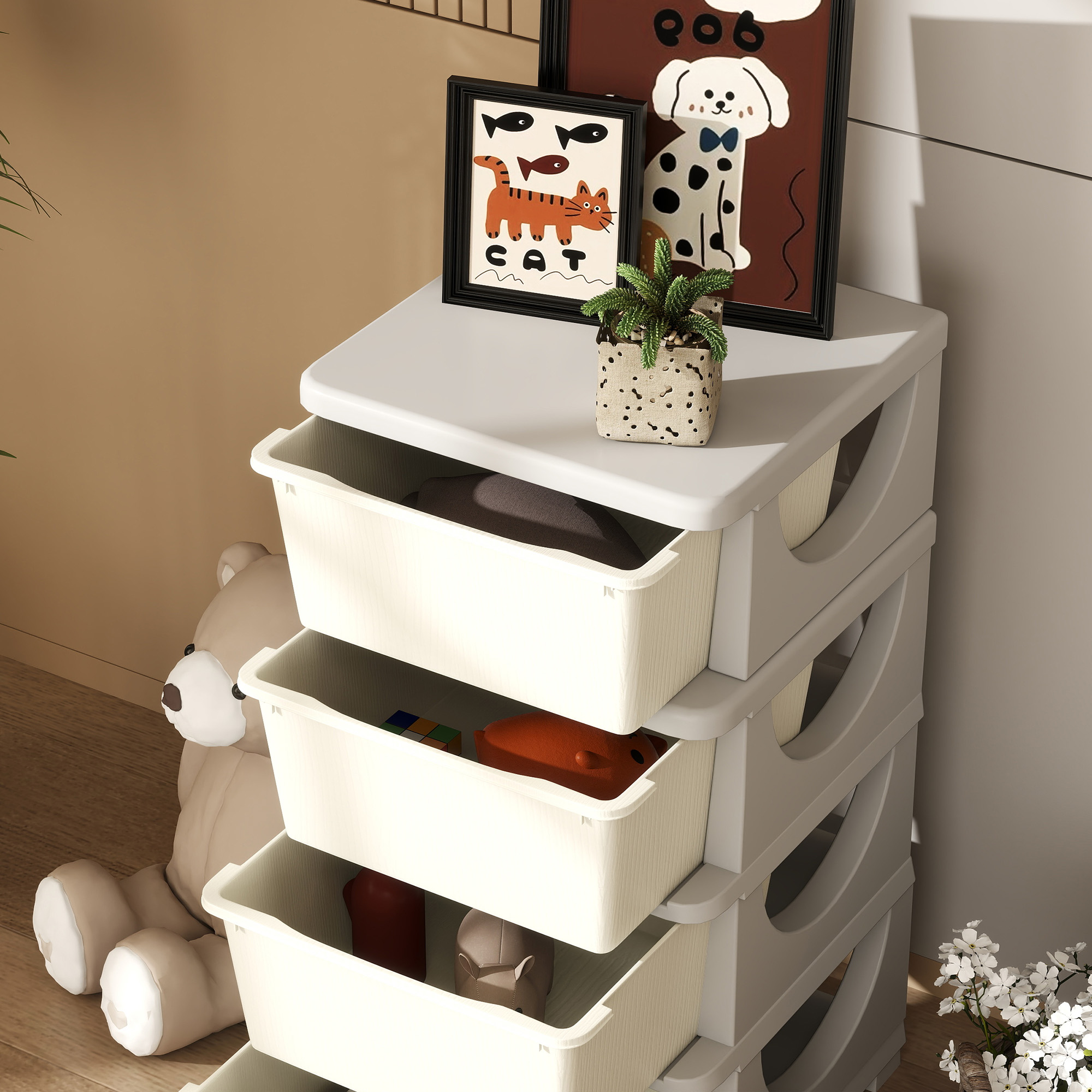 Qaba 30" 4 Tier Kids Storage Unit Dresser Tower w/ 4 Drawers, Cream White 6