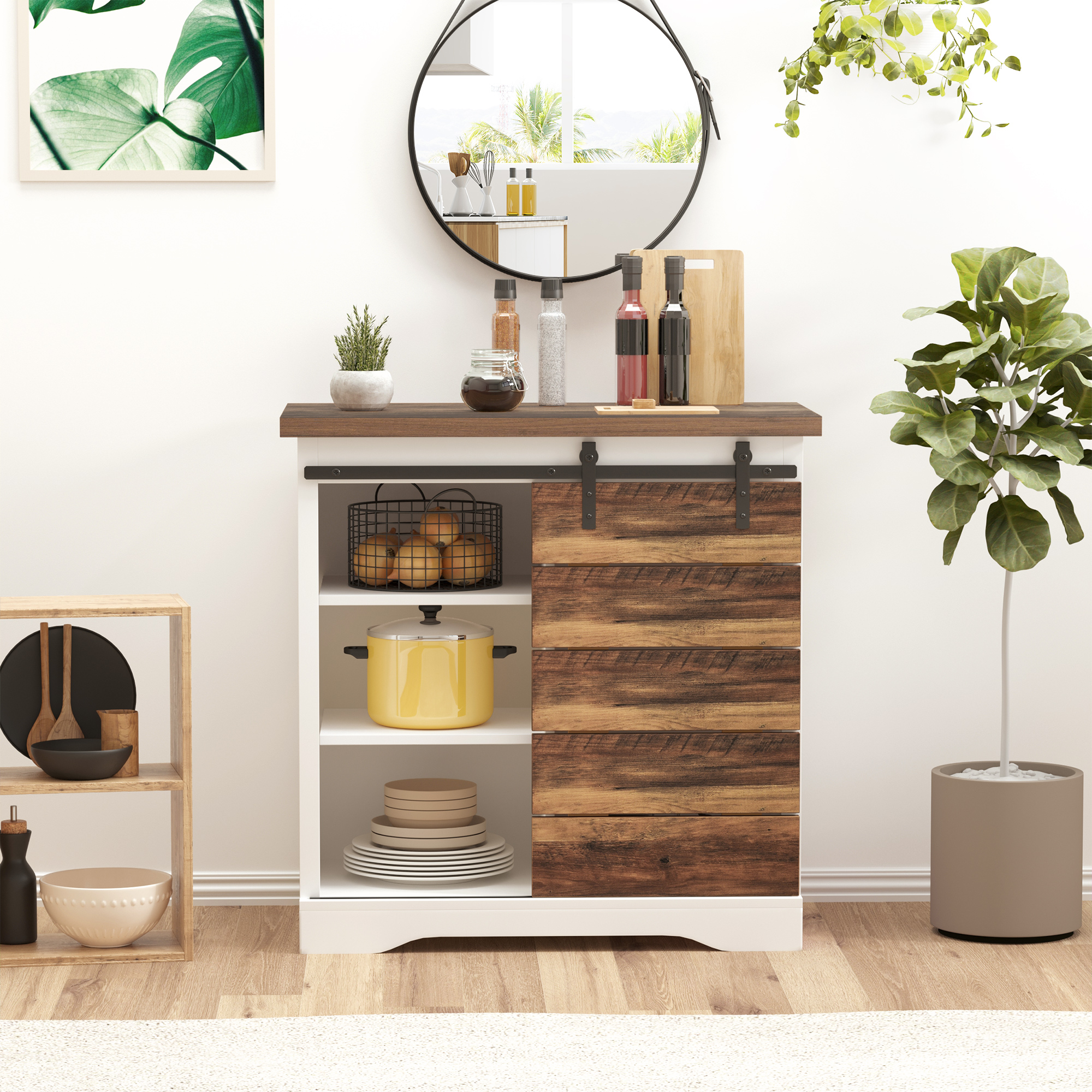 HOMCOM Portable Kitchen Island Rustic Farmhouse Accent Side Cabinet Buffet Sideboard With Sliding Barn Door for Kitchen, Entryway & Dining Room 0