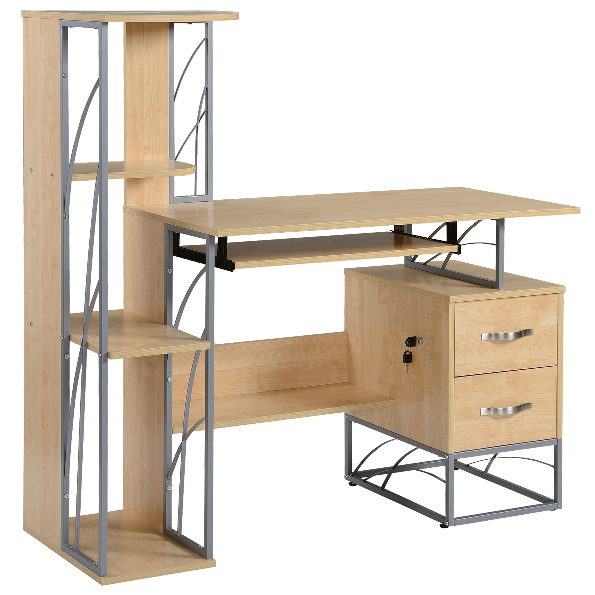 HOMCOM Modern Computer Desk with 4-Tier Bookshelf, Home Office Writing Table Workstation with Tower Storage Shelves Keyboard Tray & Lockable Drawers, 